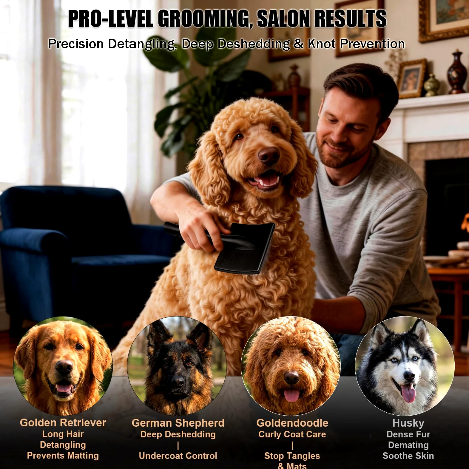 Cepillo grande para perros – Cepillo de pelo largo para alfombras y desprendimiento de pelo largo, garabatos, caniches, Goldendoodle, Labradoodle, 3 piezas de aseo con mango de madera, negro