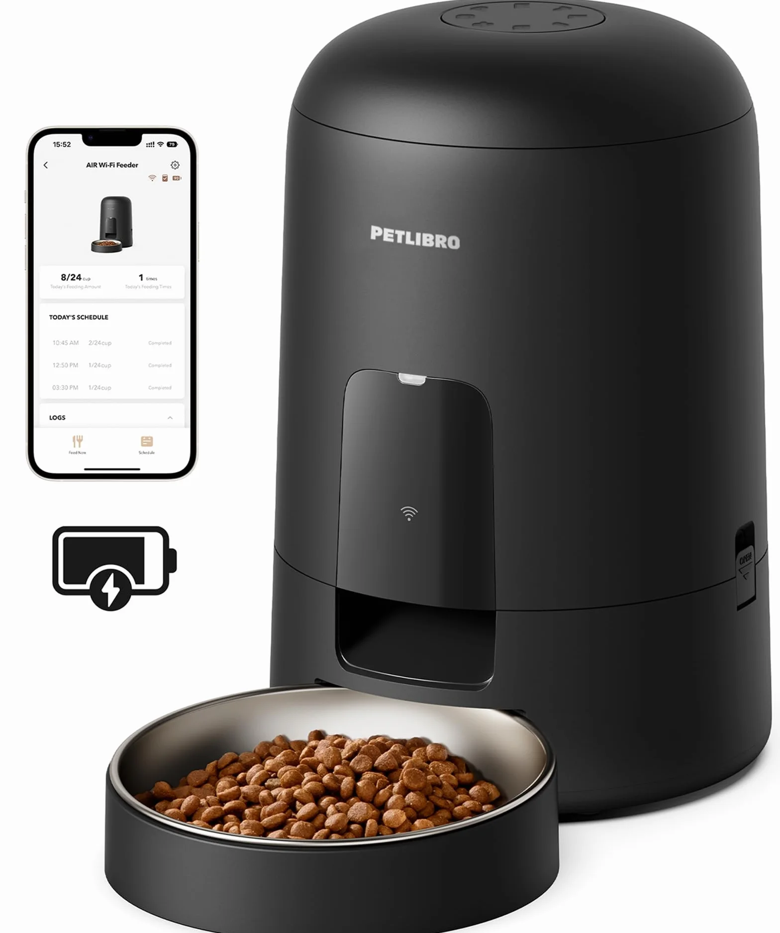 PETLIBRO Comedero Gato Automatico, 2.4G WiFi Funciona con Pilas, Dispensador Comida Seca Gatos/Perros, Control de App, 1-10 Comidas al Día, Automático Mascotas Sin Cable para Gatos, 2L, Negro