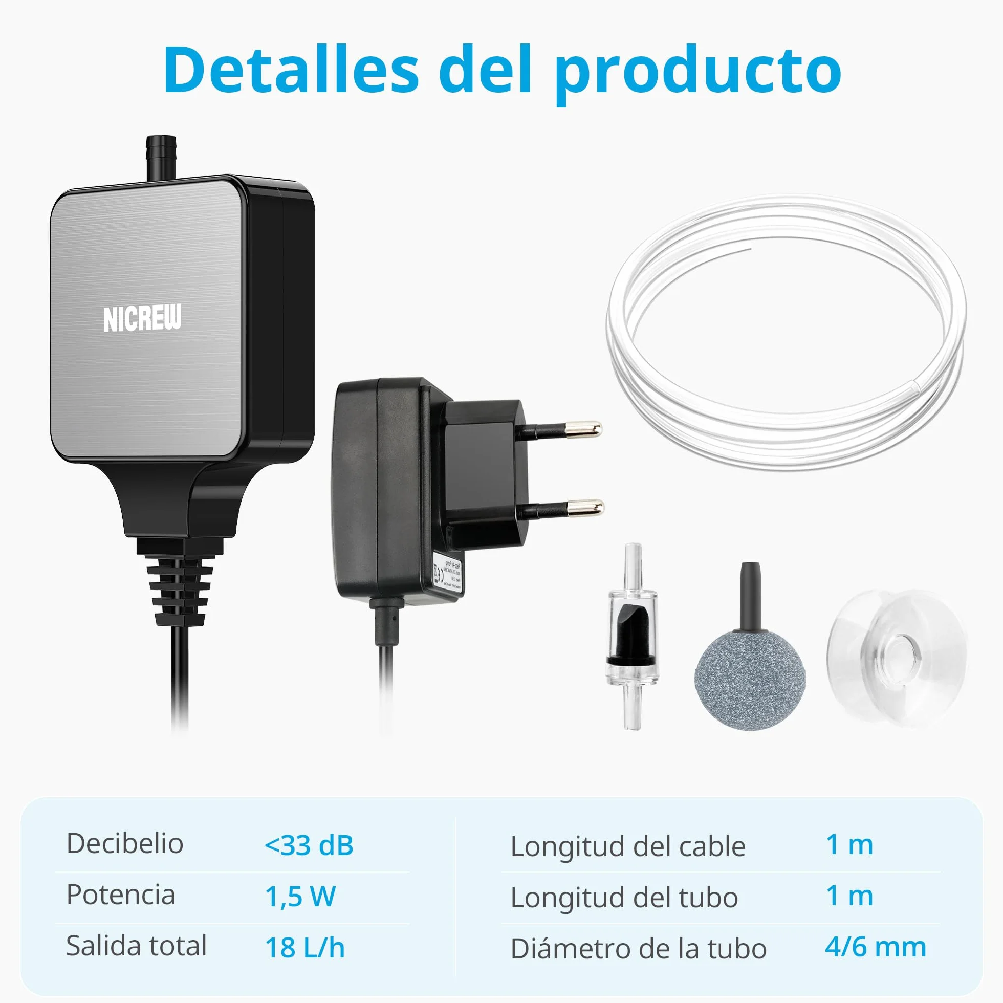 NICREW Oxigenador Acuario Ultra-Silencioso＜33 dB, Nano Bomba de Aire Silenciosa hasta 40 L, Accesorios para Nano Acuario, 18 L/H, 1,5 W
