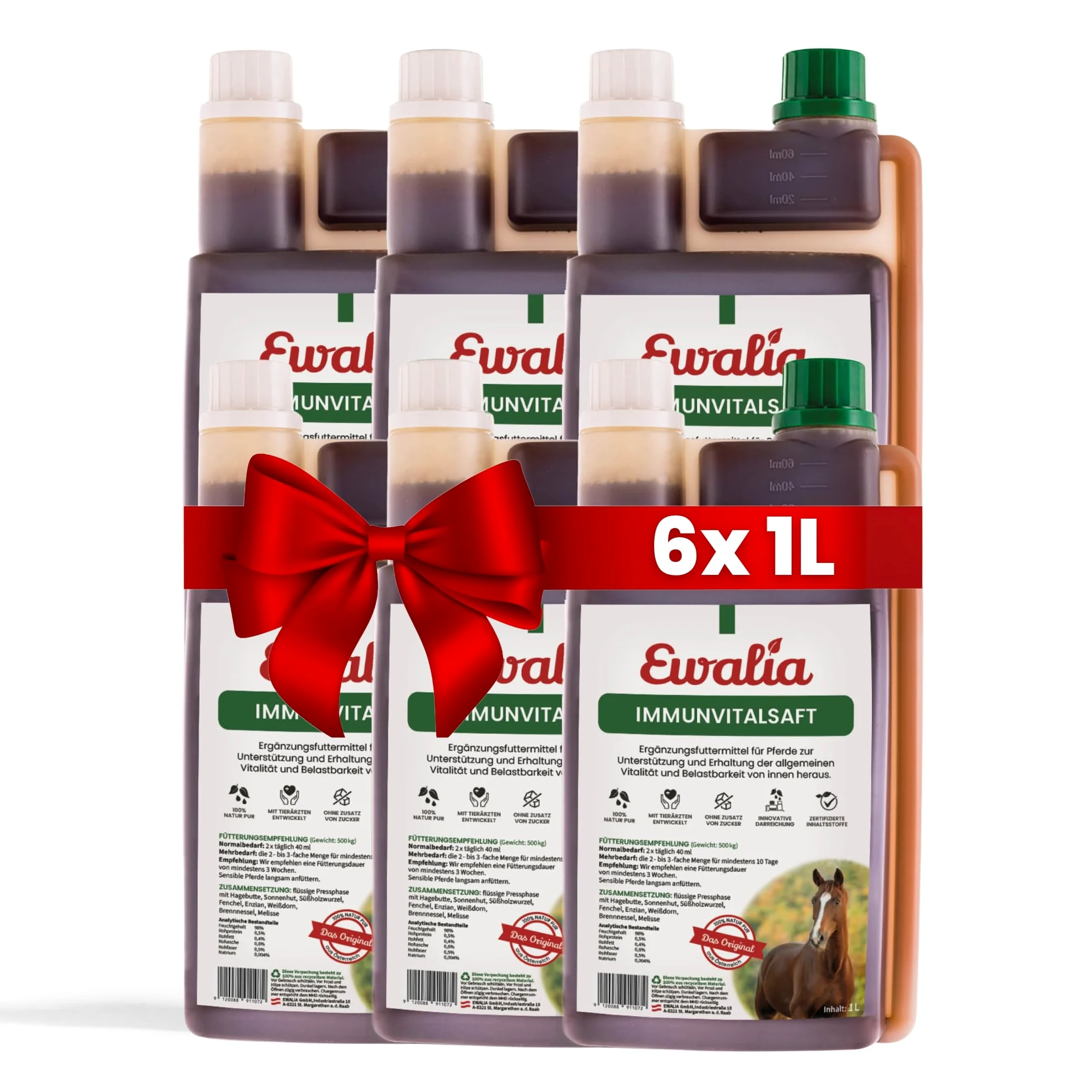 EWALIA Immunvital Zumo - Fortalecedor complementario para caballos, promover el bienestar general, soporte de vitalidad natural y resiliencia, 100% natural puro, 6 x 1 litro
