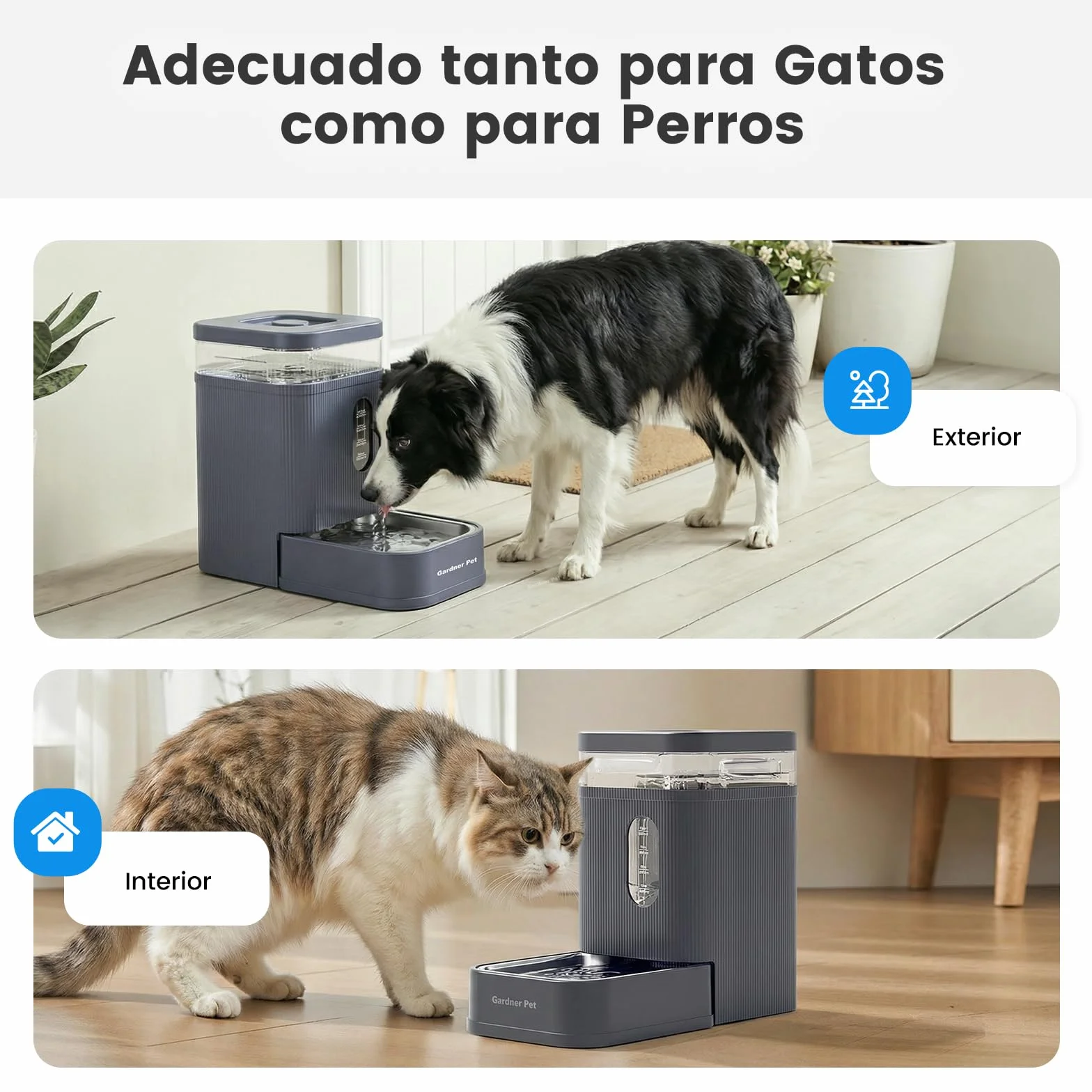 Gardner Pet dispensador Agua Gatos automático de 6.5L, Bebedero Perro automatico por Gravedad con Cuenco de Acero Inoxidable, dispensador de Agua para Perros, sin Electricidad, Libre de BPA - Gris
