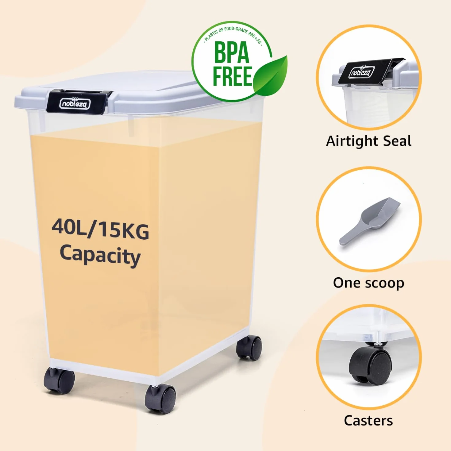 Nobleza - 2 Piezas Contenedor de Comida para Mascotas 40L, Mascotas Caja de Alimentos con Ruedas Contenedor, Tapa abatible, hermética, Transparente, Ruedas y Pala, para Comida para Perros y Gatos