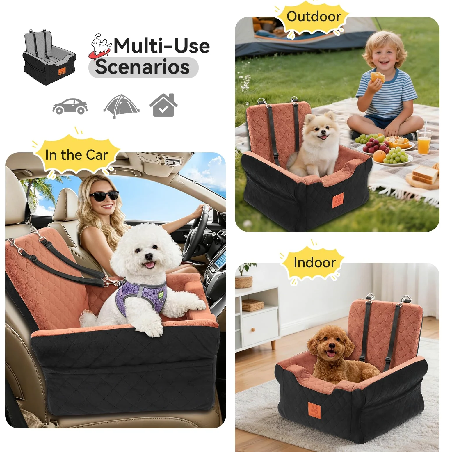 GL GLENSLAVE Asientos de coche para perros pequeños y medianos, asiento elevado de espuma viscoelástica para perros, asiento de coche desmontable lavable para mascotas con cinturones de seguridad y
