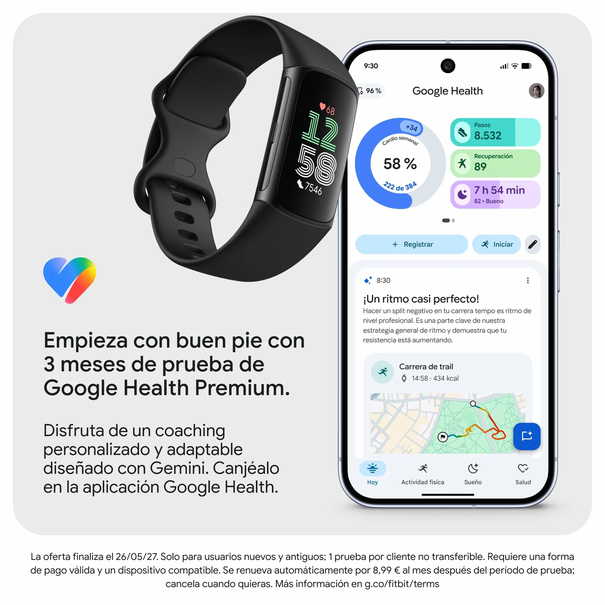 Google Fitbit Charge 6 Pulsera de actividad, 7 días de batería, Google Wallet y Maps, Obsidiana/Aluminio Negro