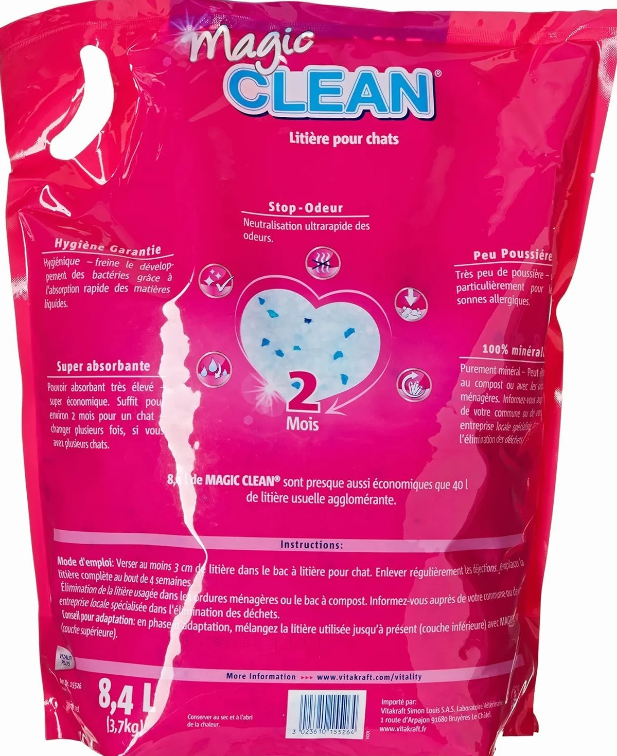Vitakraft Magic Clean Classic, Arena no aglomerante para Gatos, Fabricada con microesferas minerales, inhibe Las bacterias, Especialmente Baja en Polvo, Tiene una duración de 8 semanas (1x 8,4l)