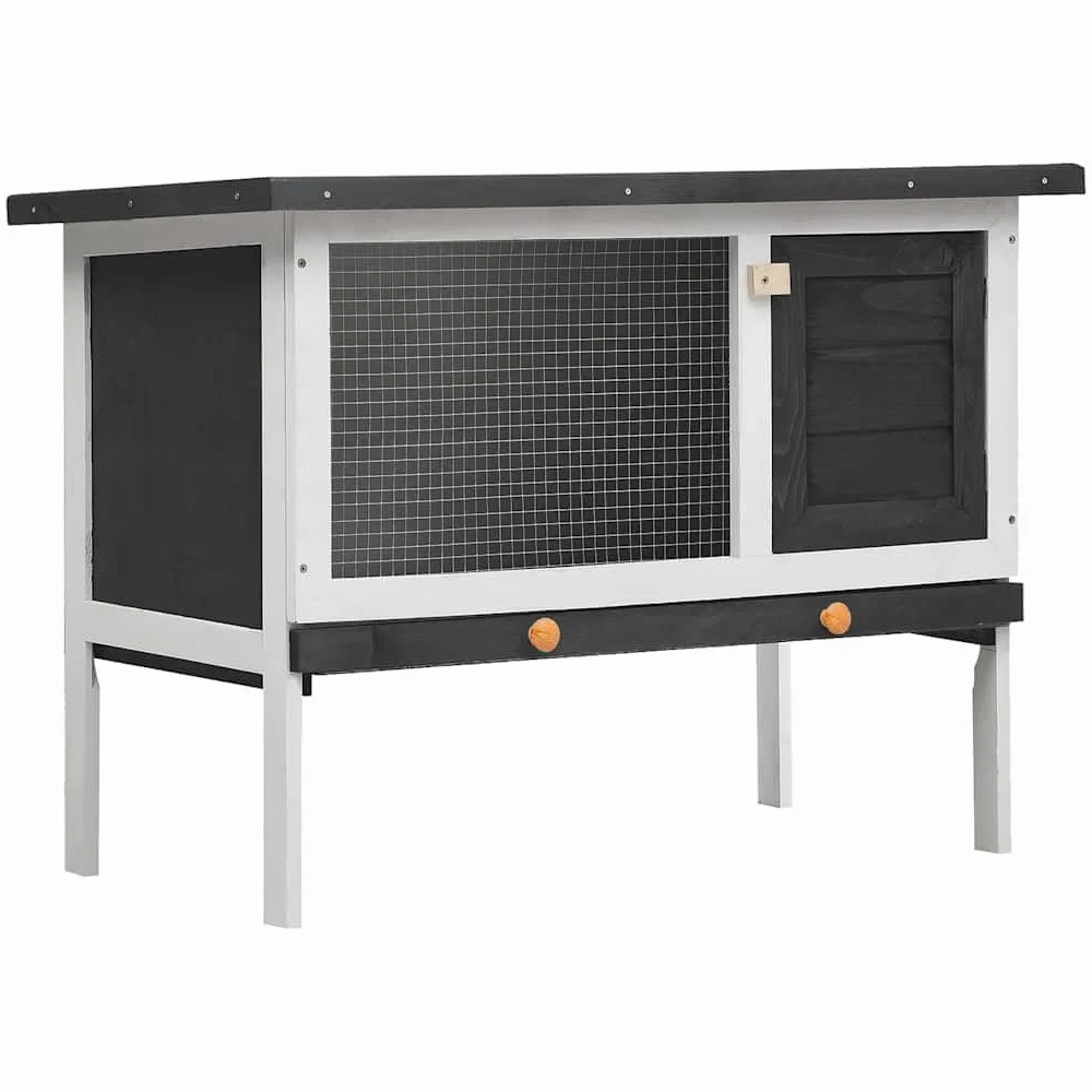 Conejera de madera de 1 nivel, conejera para animales pequeños, con bañera extensible y techo plegable, jaula para conejos, color gris y blanco, 90 x 45 x 65 cm