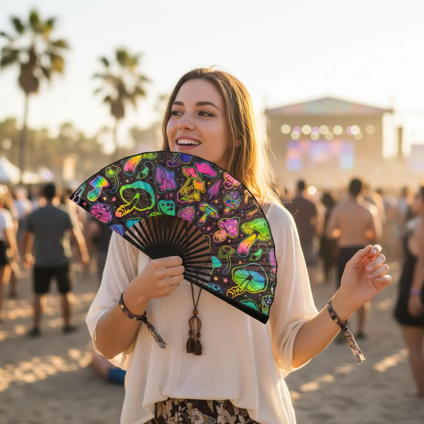 Abanico Plegable para Adultos, Abanico Rave Premium, Abanico de Mano para Fiestas, Disco, Playa, Drag Queen, Regalo Accesorio Rave (patrón de Hongos)