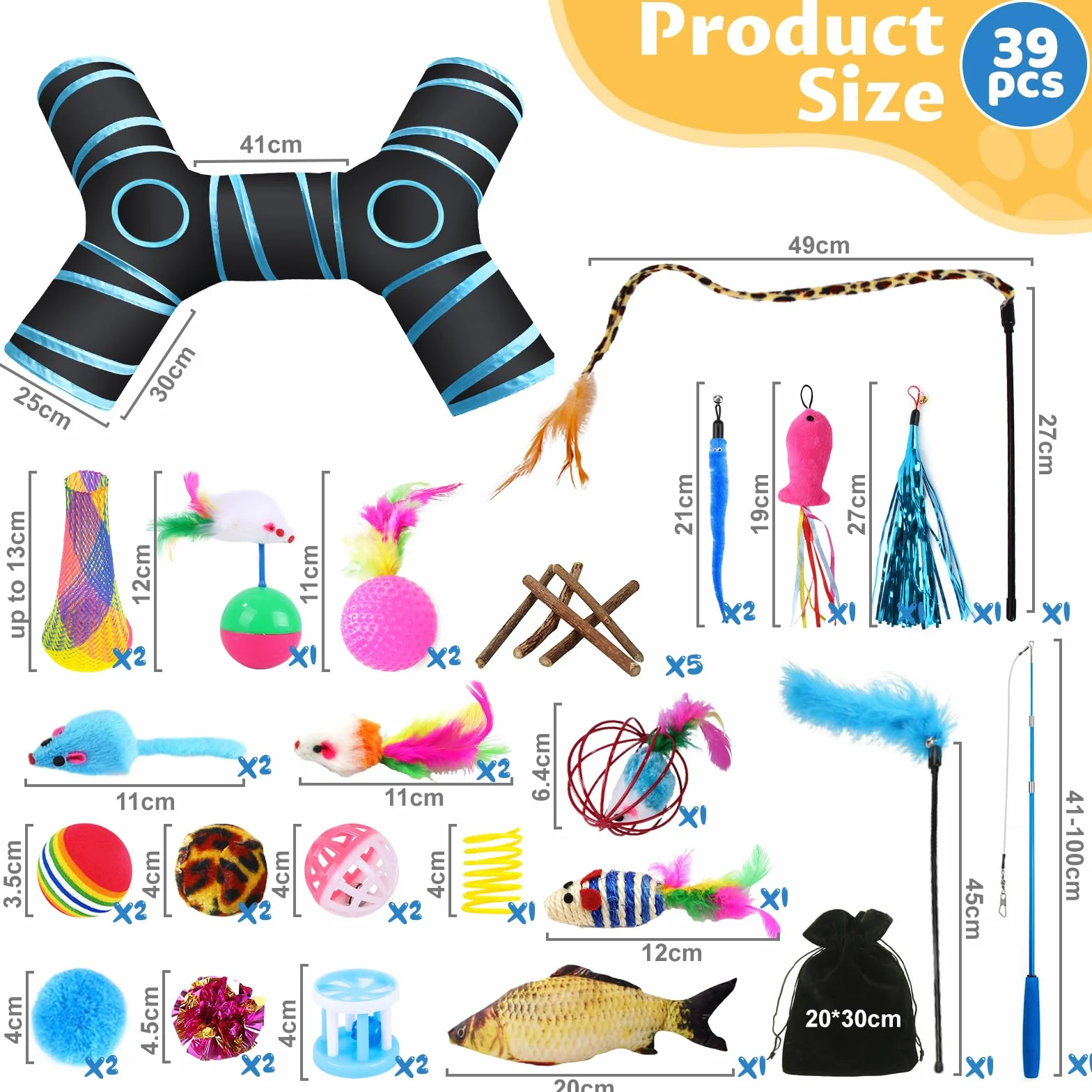 Set de 39 Piezas para Gatos con Túnel, Palo Divertido, Ratones, Hierba Gatera, Bolas, Campanas, Tumbler y Peces