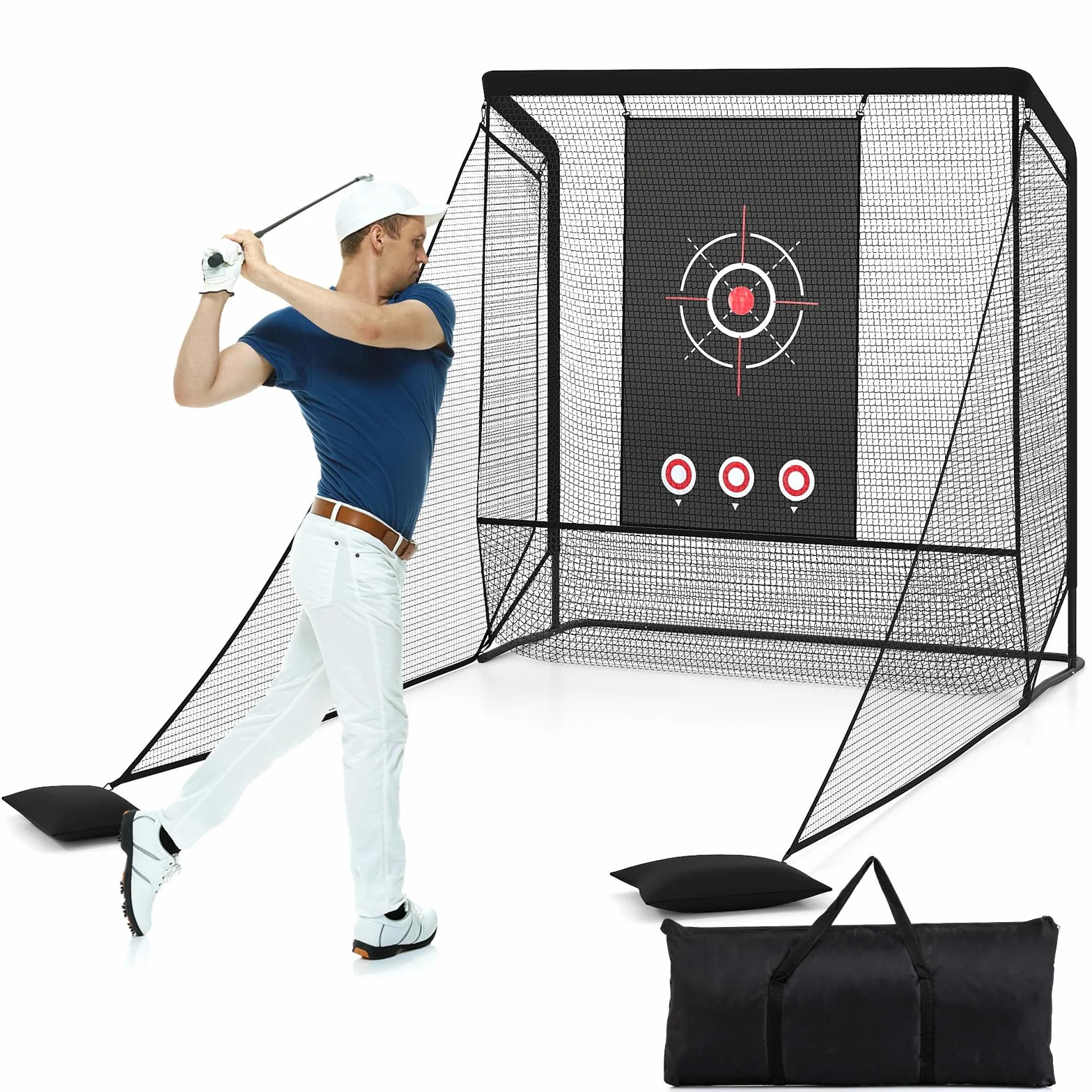 GYMAX Red de Práctica de Golf Portátil con Tela Blanco, Mallas Laterales y Bolsa de Transporte