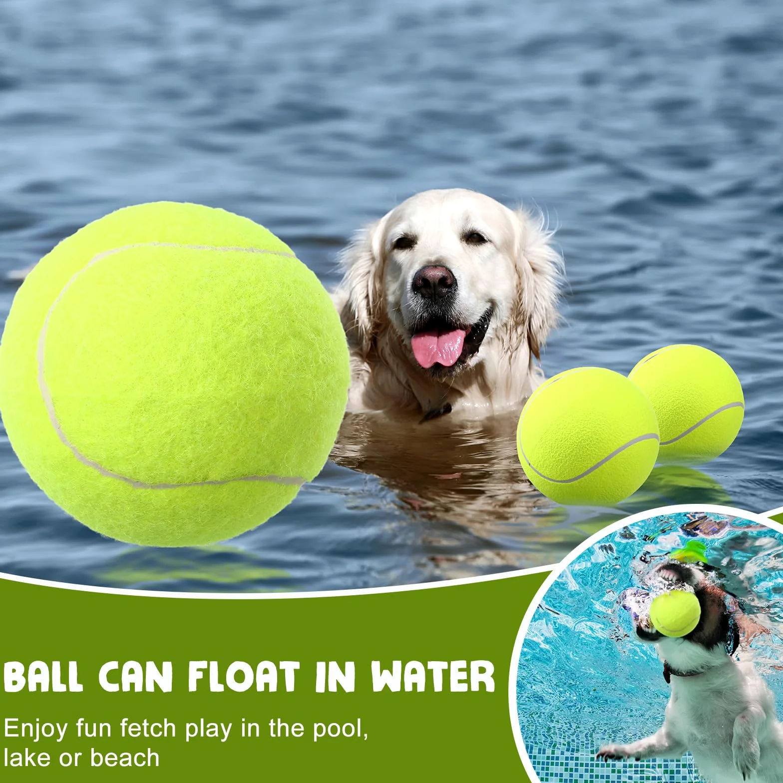 Blueweenly Paquete de 4 pelotas de tenis inflables grandes de 9.5 pulgadas para perros con 4 pelotas de tenis chirriantes de 2.5 pulgadas, pelota interactiva para lanzar y buscar pelota para perros