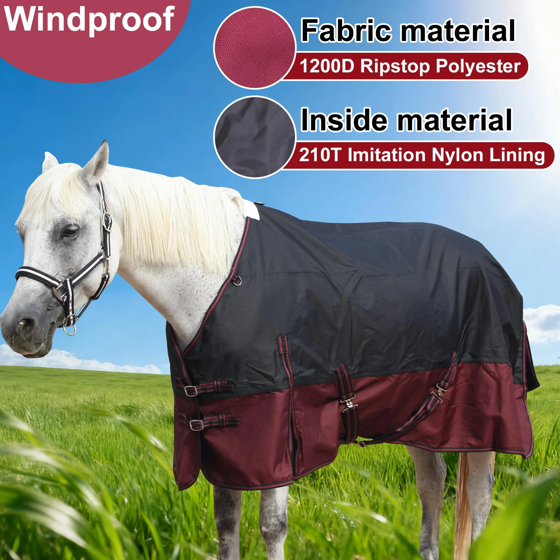 Leberna Alfombra impermeable 1200D para caballos, ligera, antidesgarros, transpirable, con cuello estándar, sin relleno (negro y rojo, 6 pies 6 pulgadas)