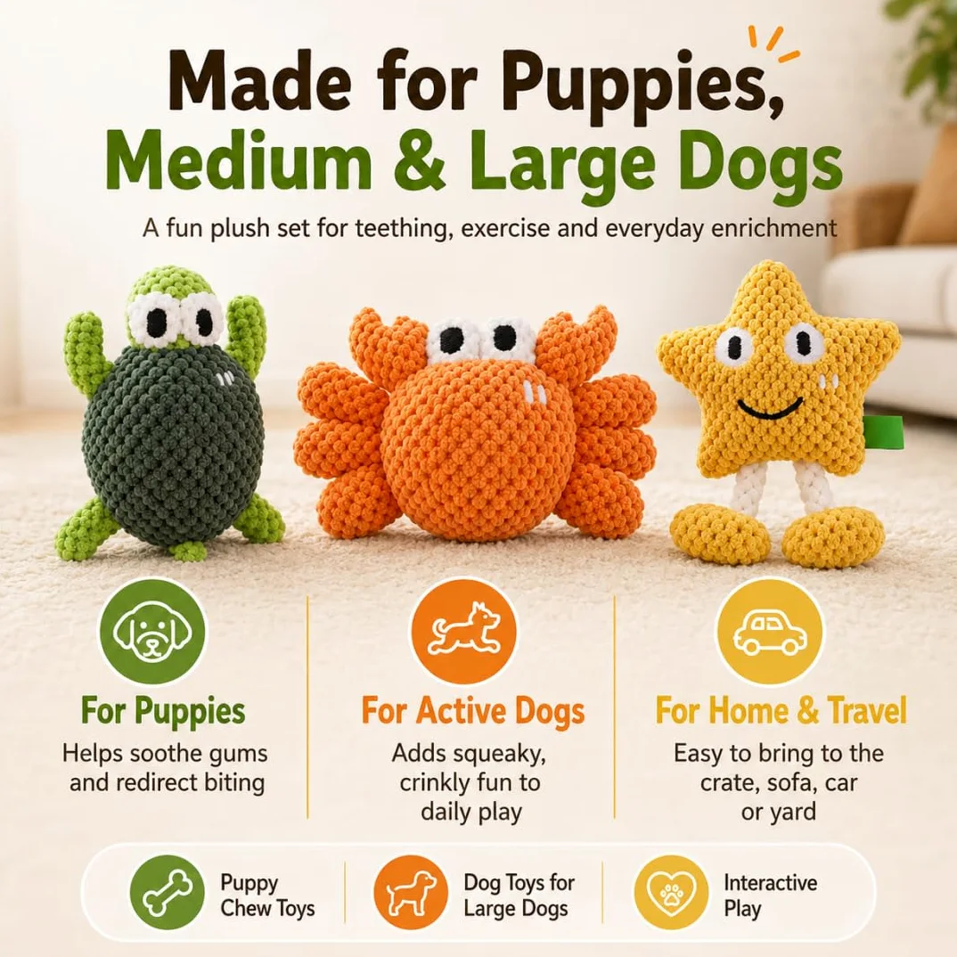 Juguetes con Sonido para Perros, Juego Interactivo de Enriquecimiento y Dentición, Juguetes Masticables Resistentes para Cachorros, Perros Medianos y Grandes, Peluches con Algodón y Sonido Crinkle (G)