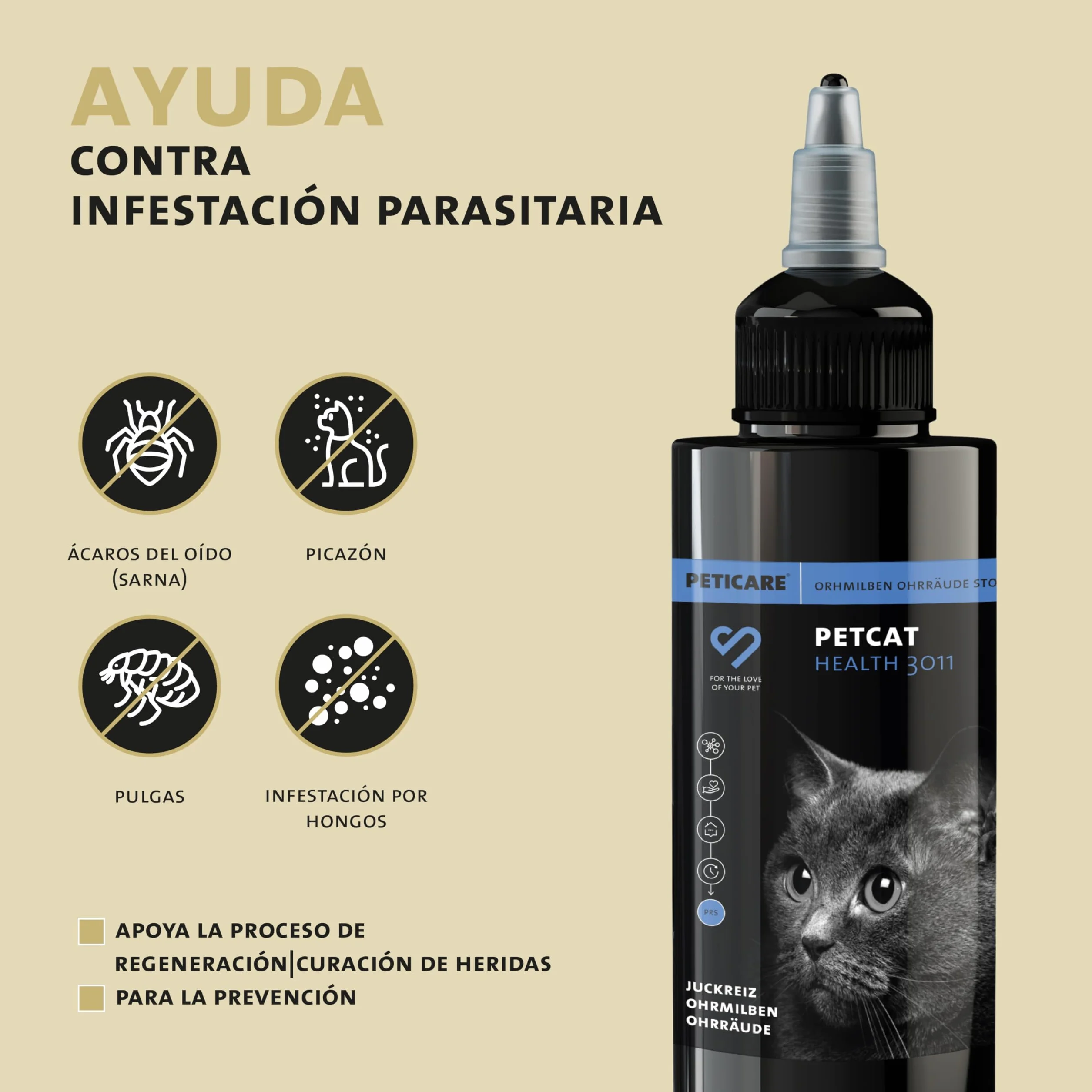Peticare Gato Aceite de Cuidado Limpiador para Acaros del Oido y Anti-Parasitos - Gotas de Tratamiento, Limpia Eficazmente Orejas, Detiene Otitis Parasitaria - petCat Health 3011