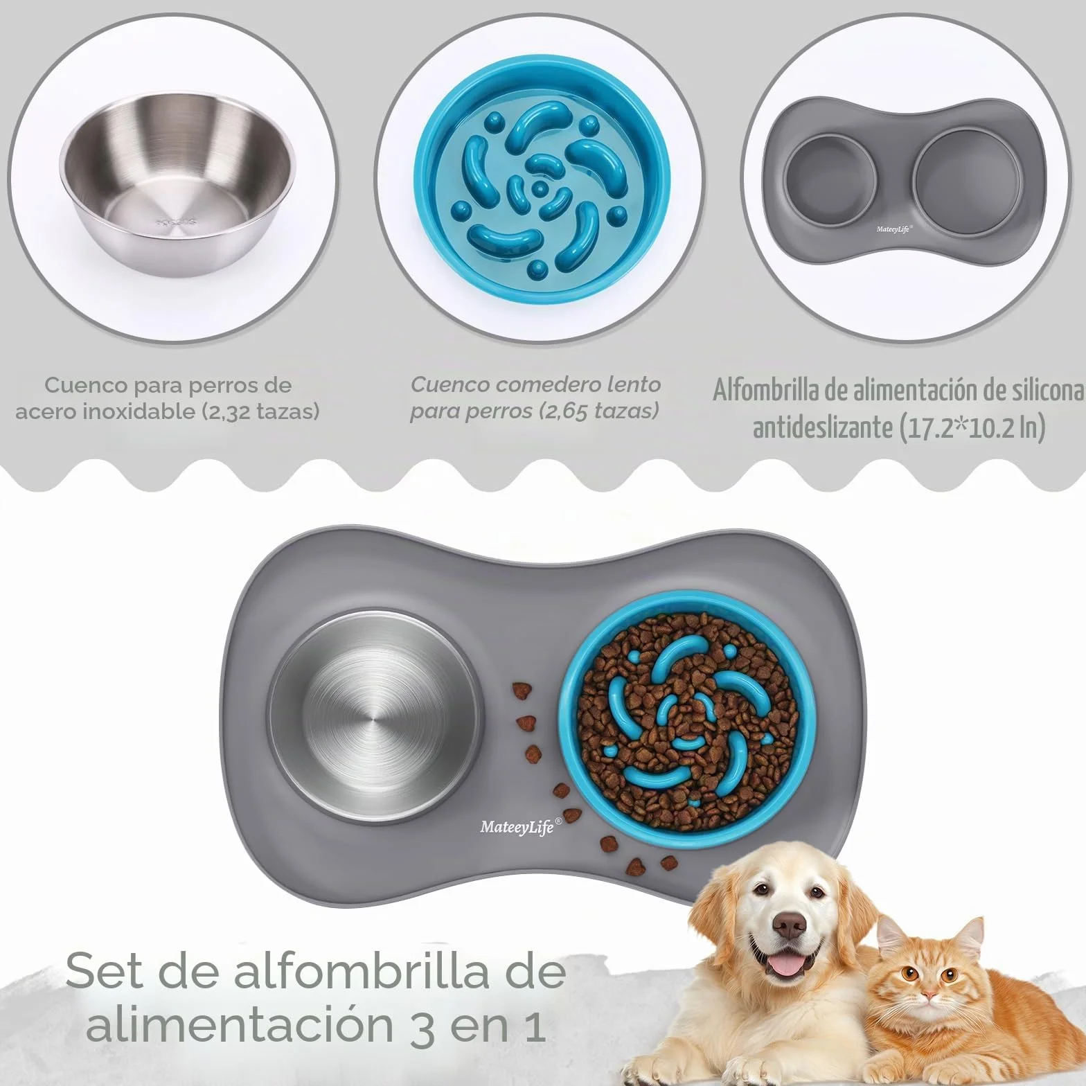 MateeyLife Juego de Boles para Perro 3 en 1, Comedero Antivoracidad Perro y Bebedero de Acero Inoxidable con Alfombrilla Antideslizante de Silicona, Cuencos para Perros de Todas Las Razas 43.7×25.9 cm