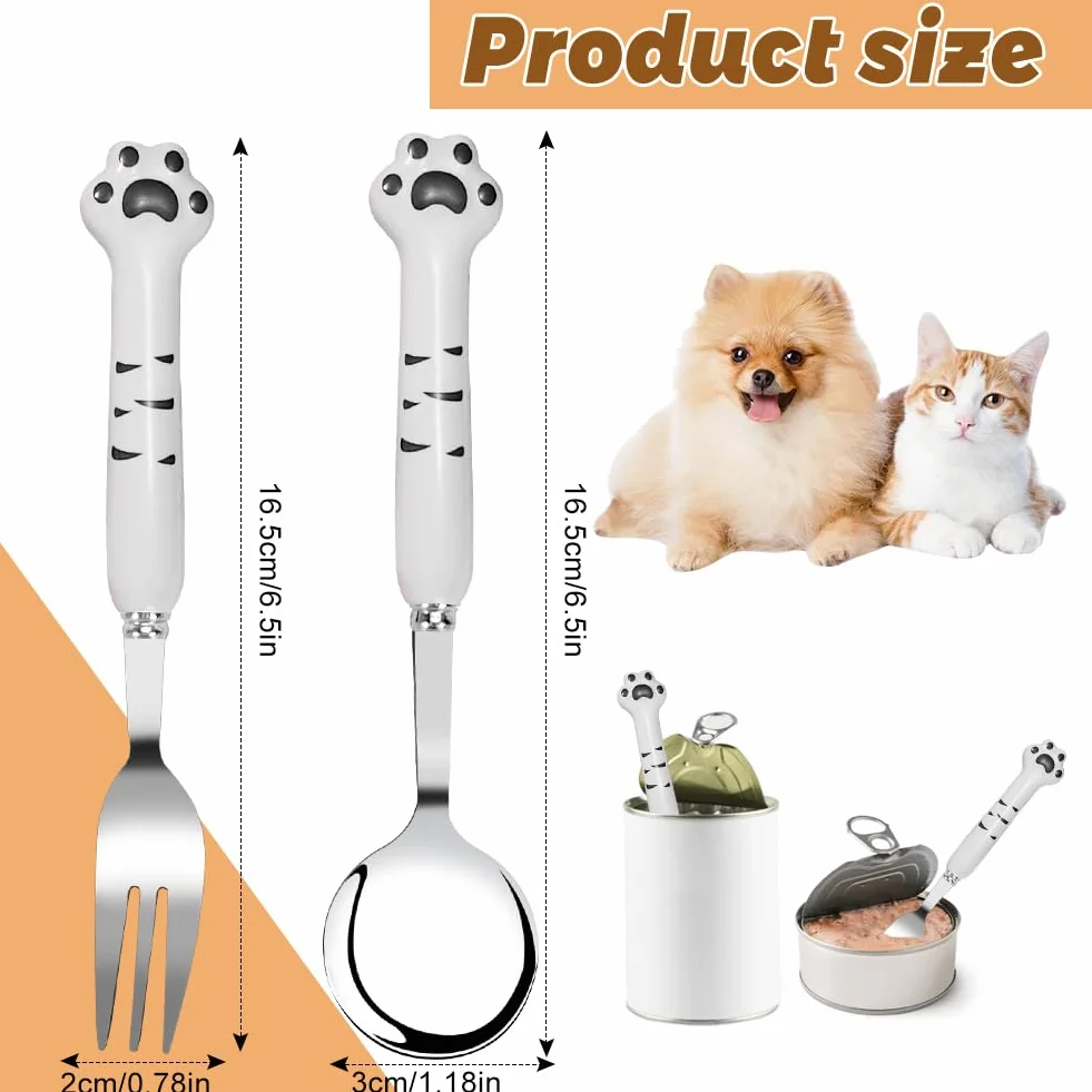 Cuchara de comida para mascotas 7 pulgadas, 2 paquetes de cucharas de latas de mascotas largas y tenedores de comida para perros, tenedores de cucharas de comida para gatos de acero inoxidable, tenedo