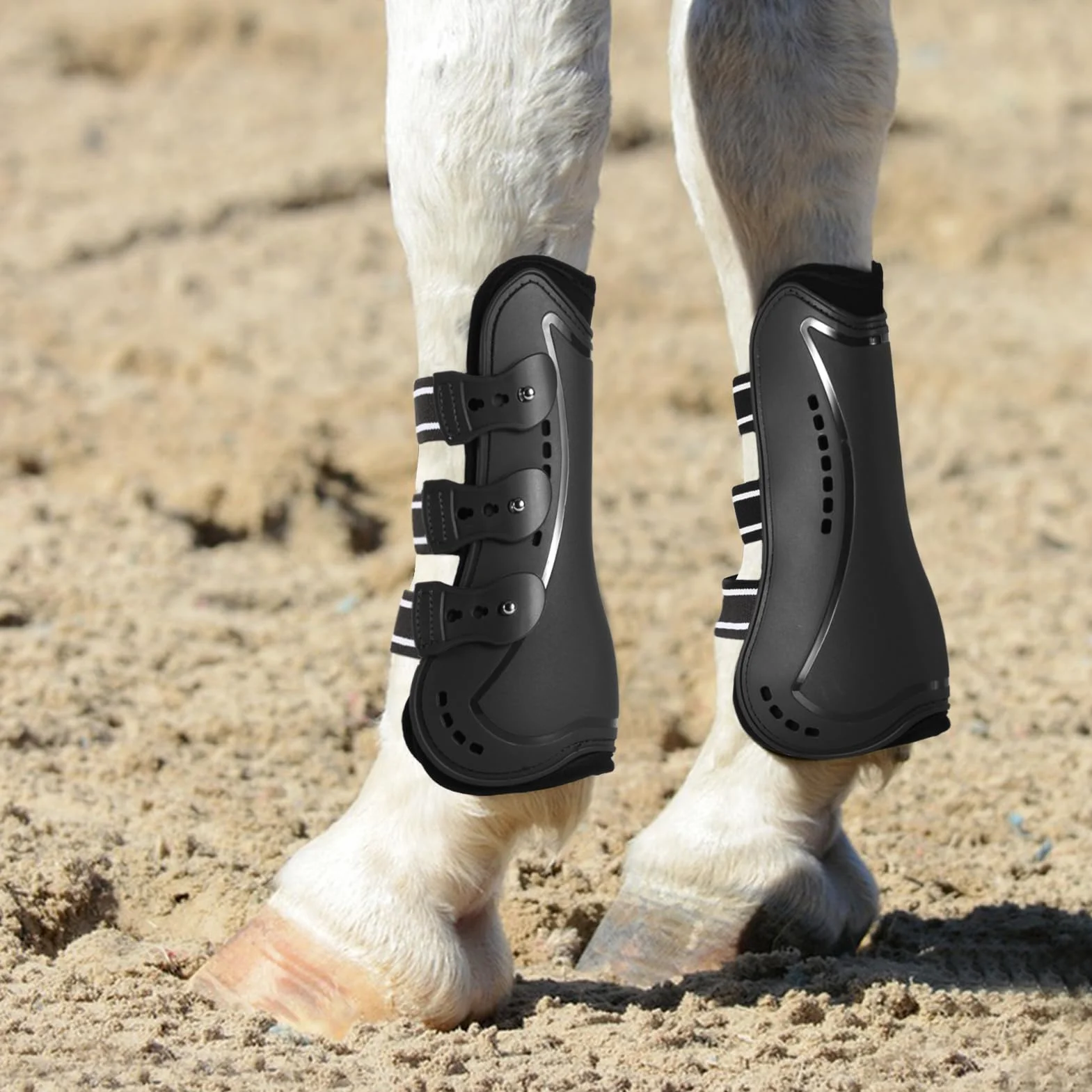 Protectores Caballo, Botas de Pierna de Caballo Polainas Gorras para Pies Frente de Caballo Protector elástico Botas Pony protección de Pierna con absorción de Impactos, L, Negro