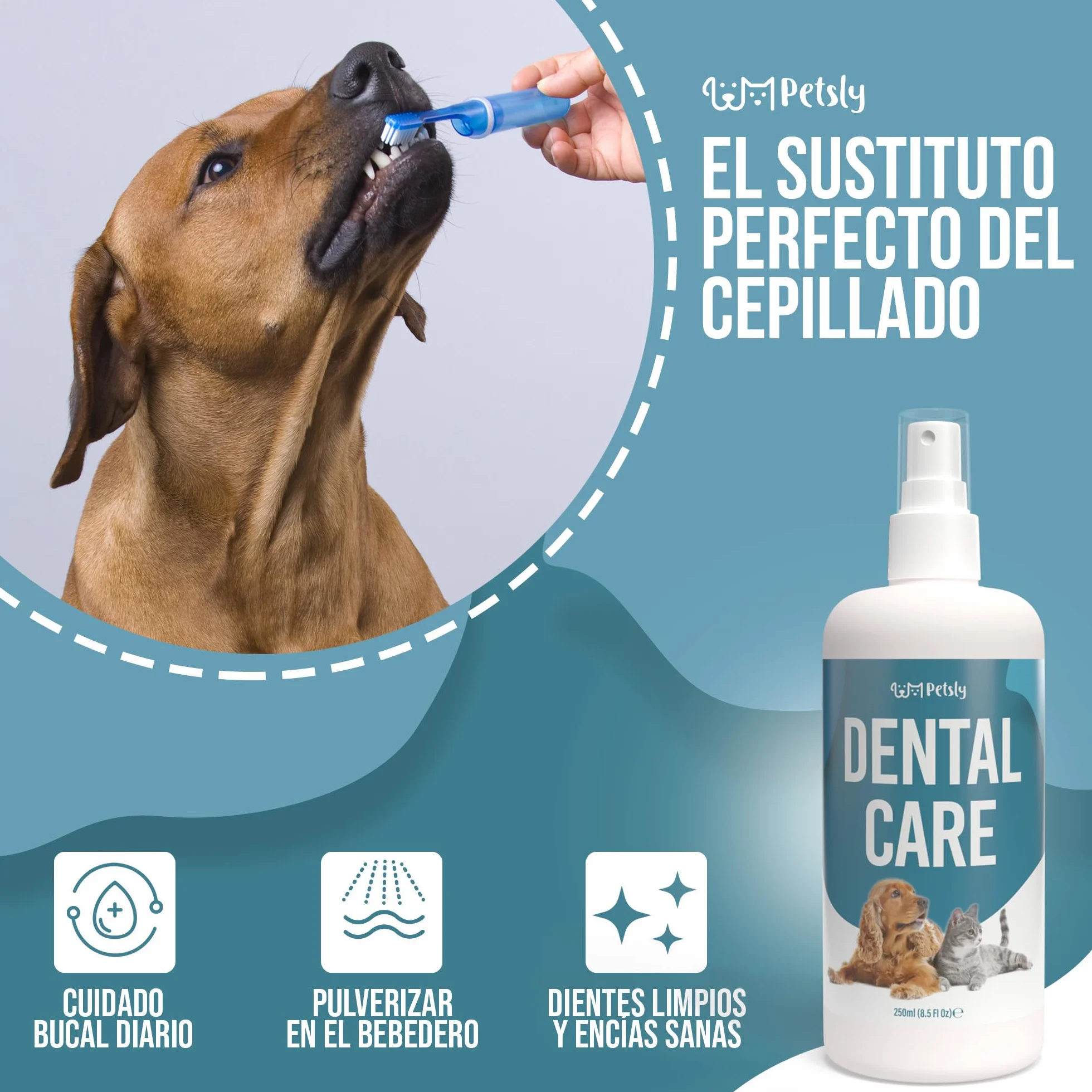 Petsly® Spray Dental Perros y Gatos - 250ml - Elimina el Mal Aliento, Reduce Sarro y Placa - Higiene Bucal sin Cepillado ni Enjuague - Ingredientes Naturales, Seguro si se Ingiere - Calidad Alemana