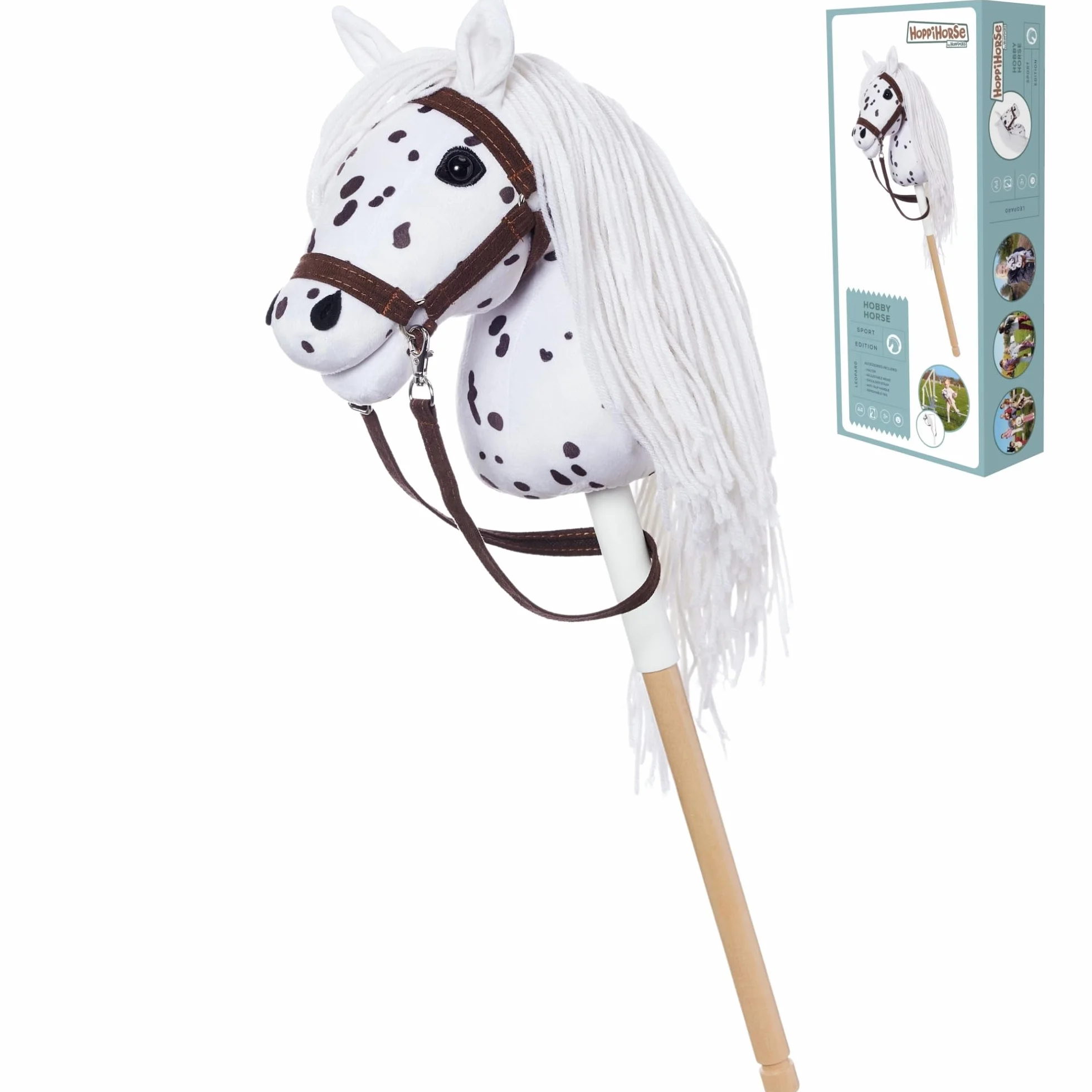 HOPPIHORSE Hobby Horse Deportiva A4 Caballo de Palo con Cabezada Riendas Correa Hombro Cola Empuñadura Silicona Peluche Caja Regalo