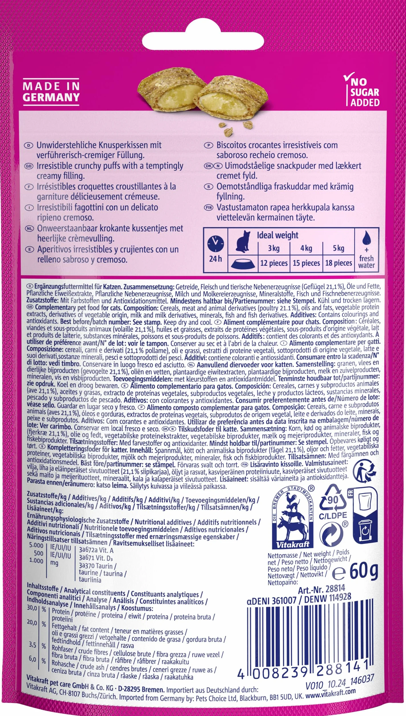 Vitakraft Crispy Crunch Classic, golosina para gatos, snack crujiente relleno de ave, en bolsa resellable, sin azúcar añadido (1x 60g)