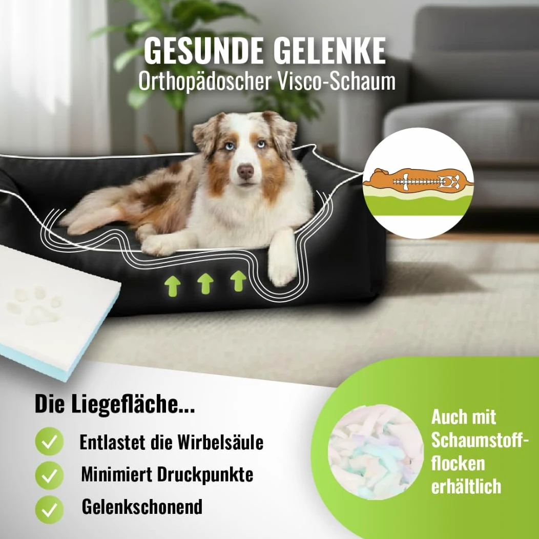 Cama para perros CopcoPet Rocco 2 en 1, impermeable y de piel sintética, con colchón de plástico para perros con espuma de copos o espuma viscoelástica ortopédica