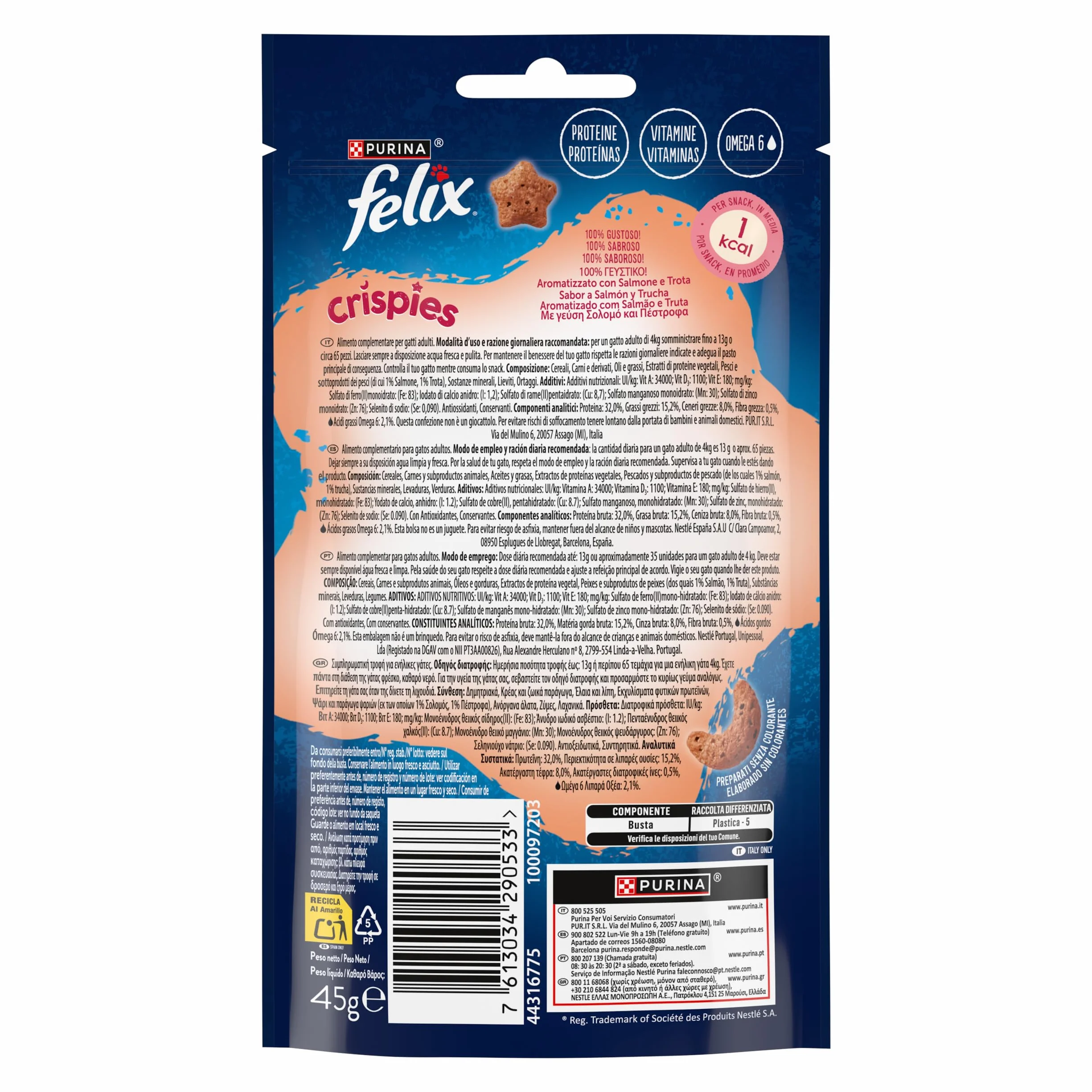 Felix Purina Crispies, Snack para Gato Adulto, Premio para Gato con Salmón y Trucha, Pack de 8 Bolsas de 45g