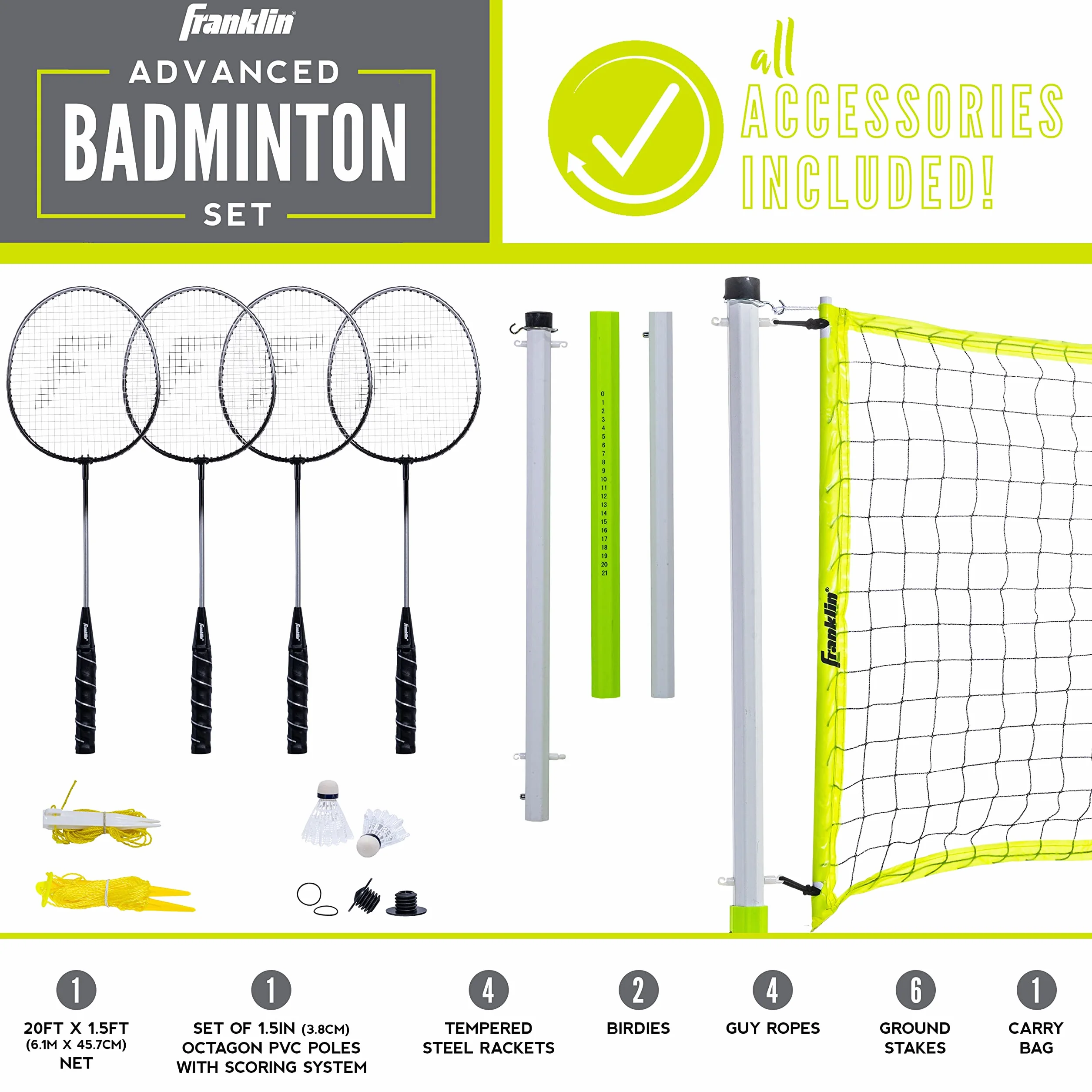 Franklin Sports Juego de bádminton 4 Raquetas de Acero Red Volantes Bolsa de Transporte