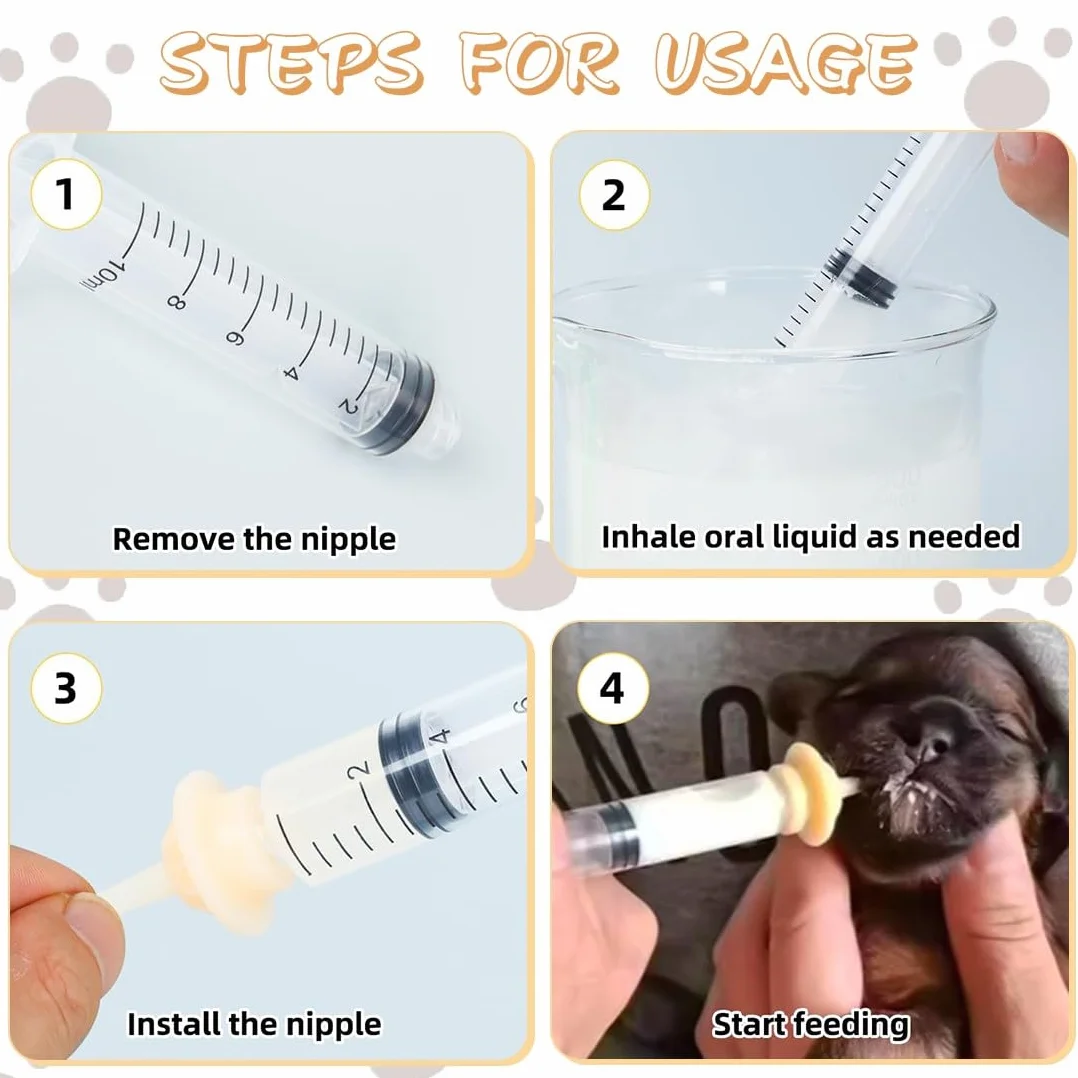 10 Piezas Unidades Kitten Feeding Kit, Syringes & Nipple Set para Gatitos, Biberon Gatos Recien Nacidos, 2 Jeringas de alimentación y 8 Pezones de Silicona, Cachorros y Suministros Reutilizables