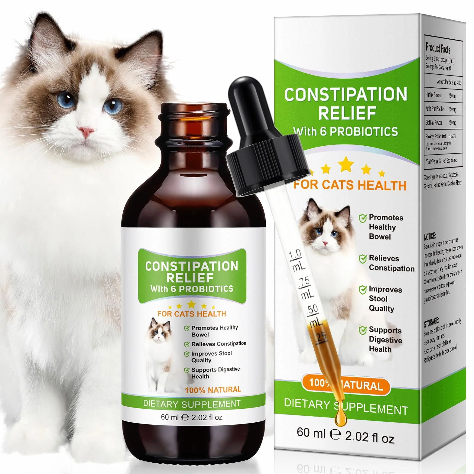 Alivio del Estreñimiento para Gatos, 60ml Tratamiento del estreñimiento para Gatos, laxante para Gatos con 6 Suplementos probióticos, promueve la Salud intestinal del