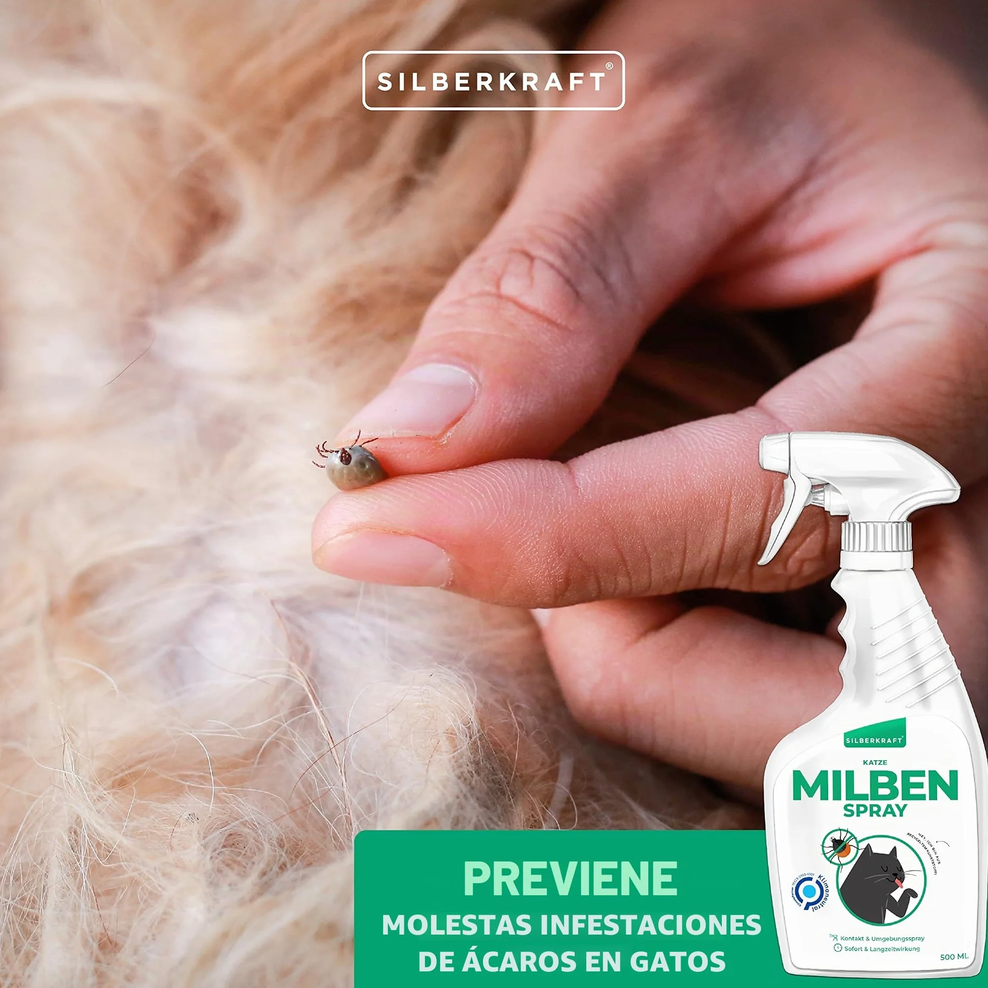 Silberkraft Spray antiácaros para gatos, 500 ml, eficaz antiácaros, para tratar los ácaros del oído, ácaros del gato
