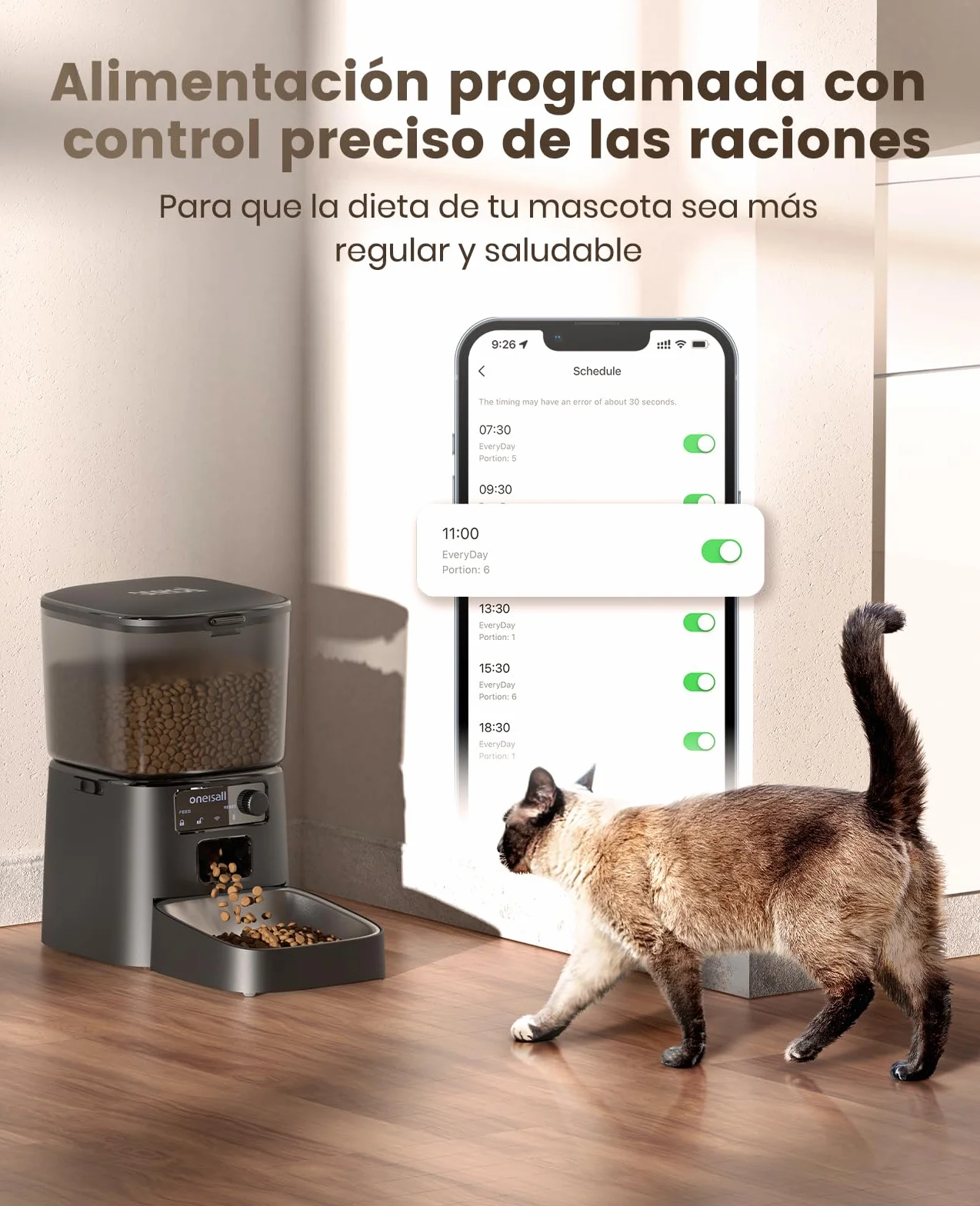 oneisall 3.5L Comedero automático para Gatos, Comedero Inteligente WiFi para Gatos, Control App, 1-10 Comidas al día, Dispensador de Comida para Gato/Perro, con Cuenco de Acero Inoxidable