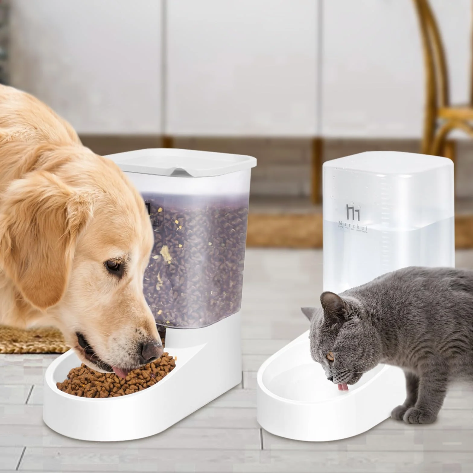 Marchul Dispensador para Gatos y Perros, Comida y Agua, Pack 2 Unidades, Comederos Automáticos, 3.8 L c/u, Comedero, Alimentador y Bebedero para Mascotas (Alfombrilla de Silicona)