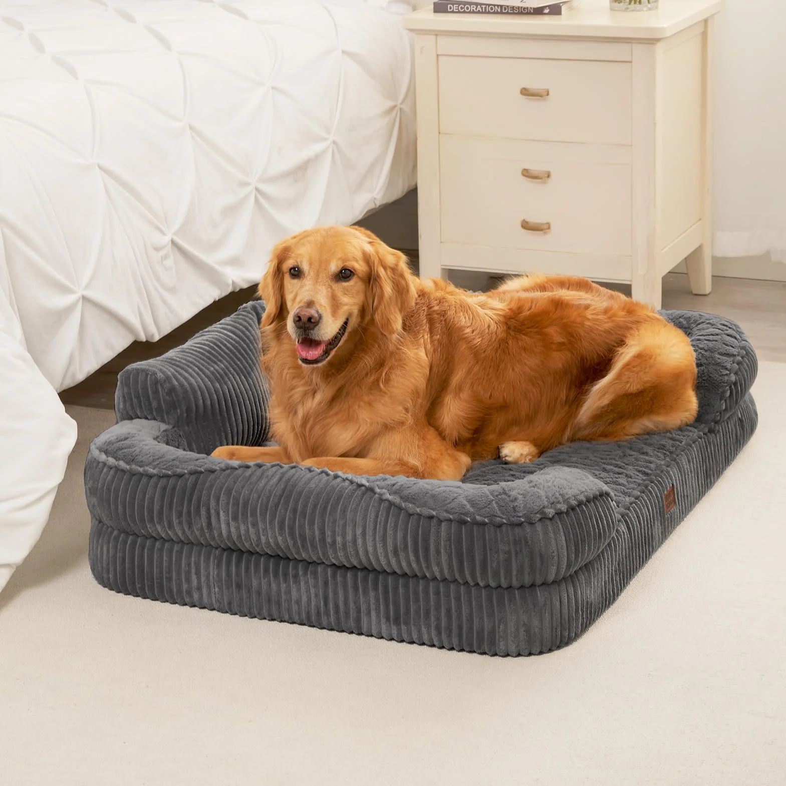 EHEYCIGA Cama Perro Ortopédica Grande 106x76 cm, Sofá Cama con Respaldo Alto, Colchón Perro Viscoelastica Impermeable, Funda Lavable, Gris