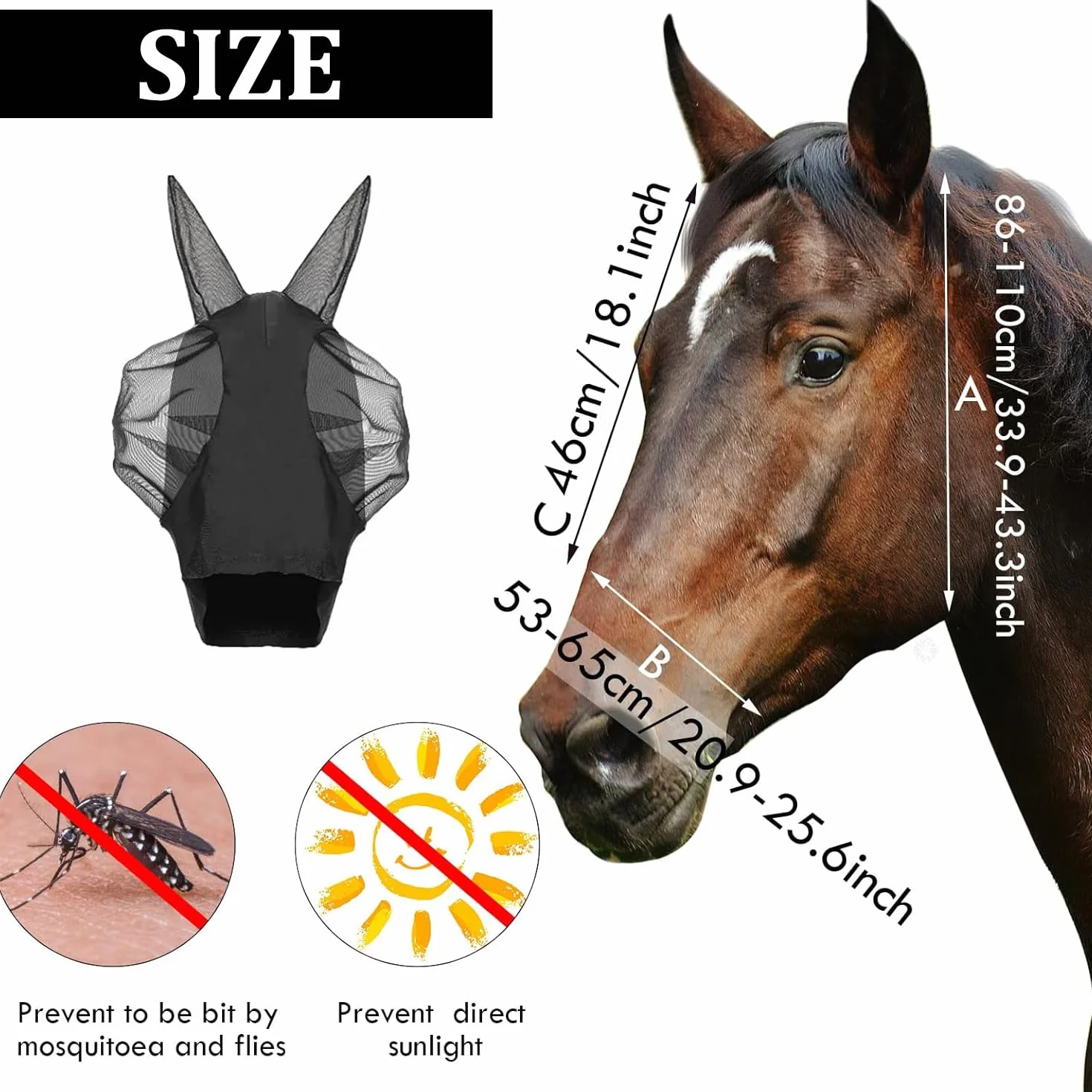 Máscara Anti-Moscas Protección con Orejas, Elasticidad Máscara de Mosca, Máscara Anti Moscas para Caballo, Excelente Comodidad con Protección UV, Máscara Estándar para Caballos