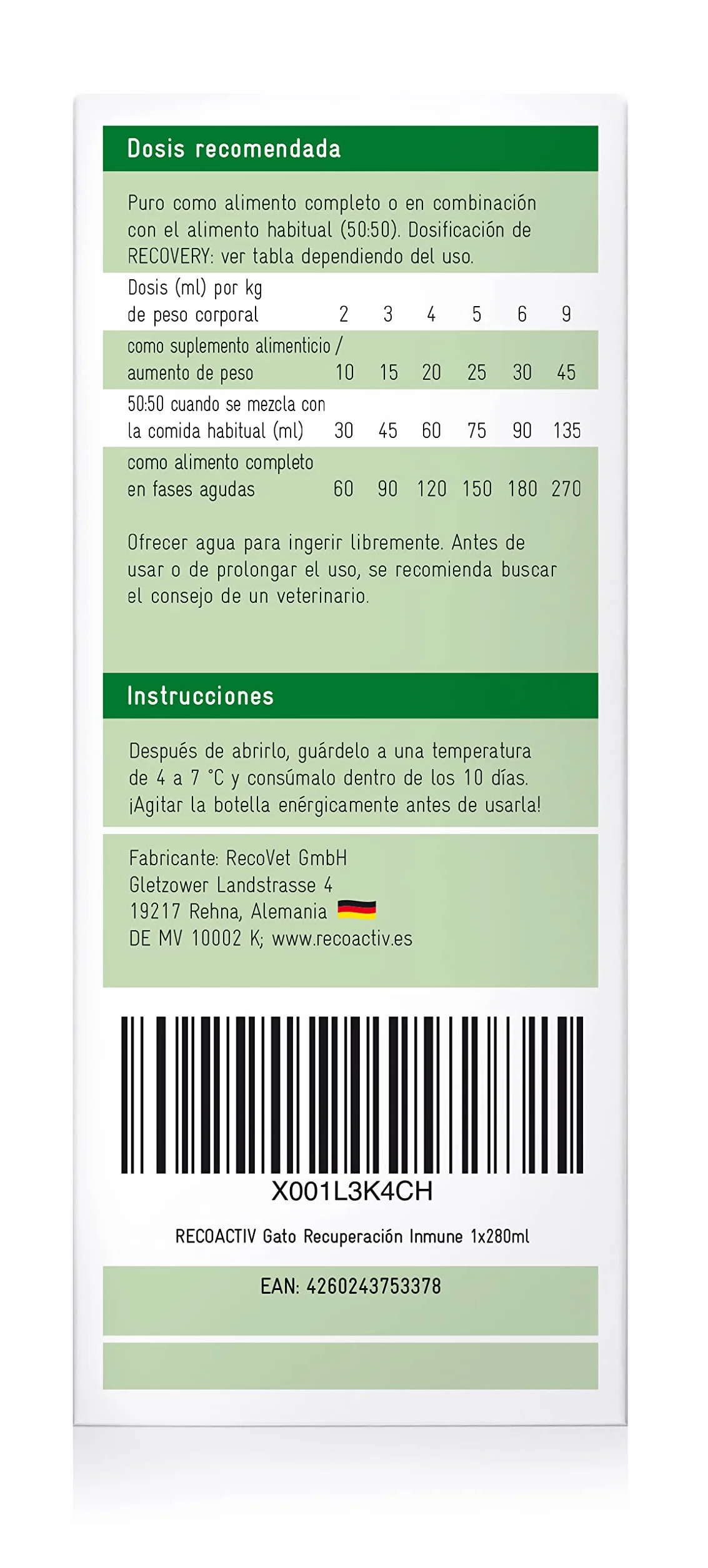 RECOACTIV Recovery Inmune para Gatos, 1 x 280 ml, alimento dietético Completo de Alto Contenido calórico para la desnutrición y la convalecencia y para el Aumento de Peso