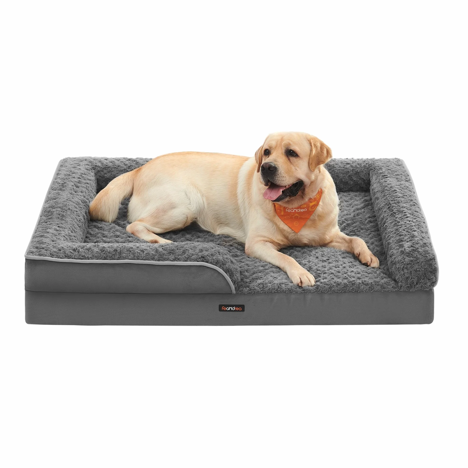 Feandrea Cama Perro Grande, Caseta para Mascotas, Ortopédica con Espuma Corrugada, Bordes Elevados Acolchados, Funda Extraíble Motivo Rosa Peluche, 122 x 89 x 18 cm, Gris Pizarra PGW254G02