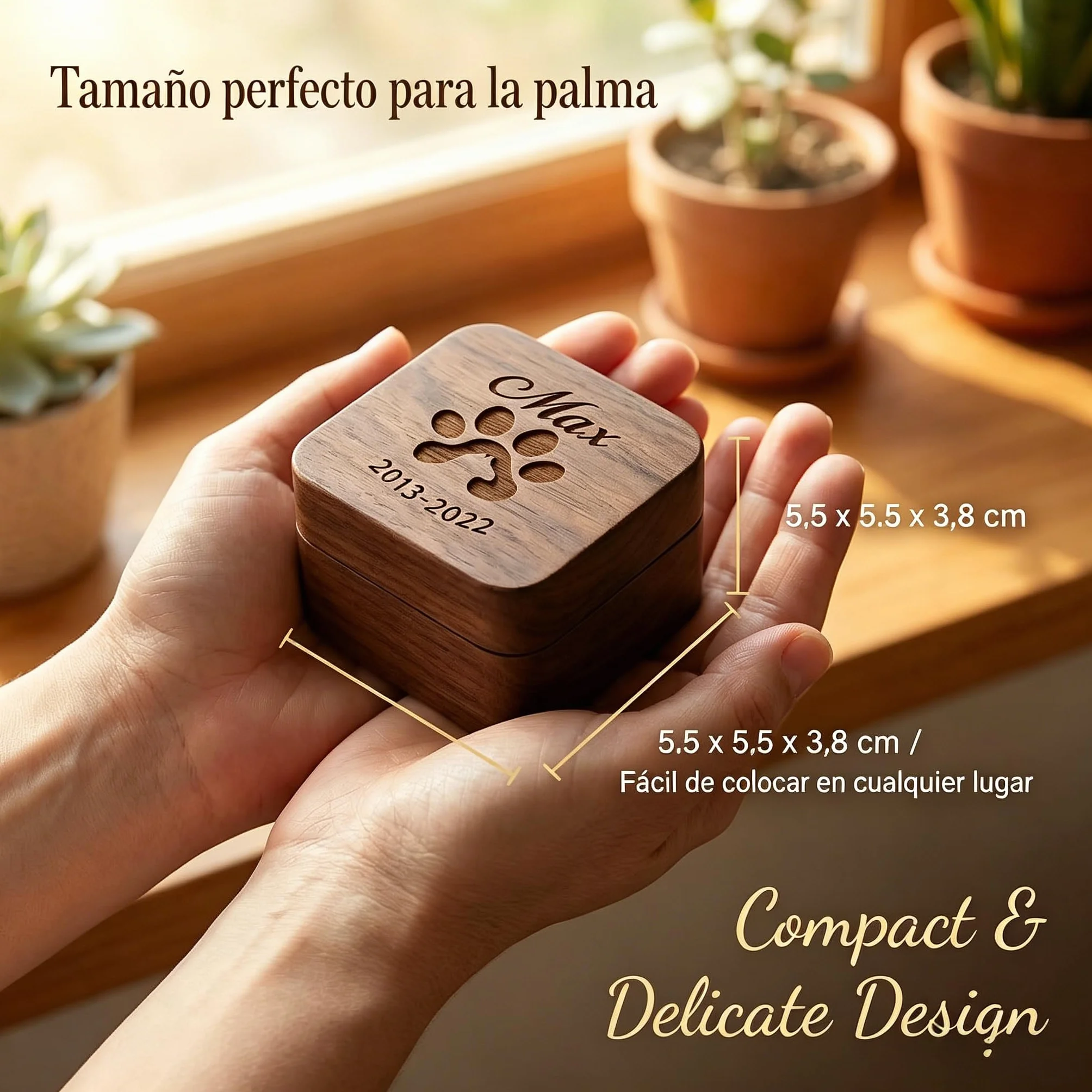 VEELU Regalo Conmemorativo Perro Gato Personalizado - Caja de Recuerdos con Foto y Nombre, Pequeña Urna de Madera para Cenizas y Pelo con 4 Frascos de Vidrio, Regalo por la Pérdida de una Mascota