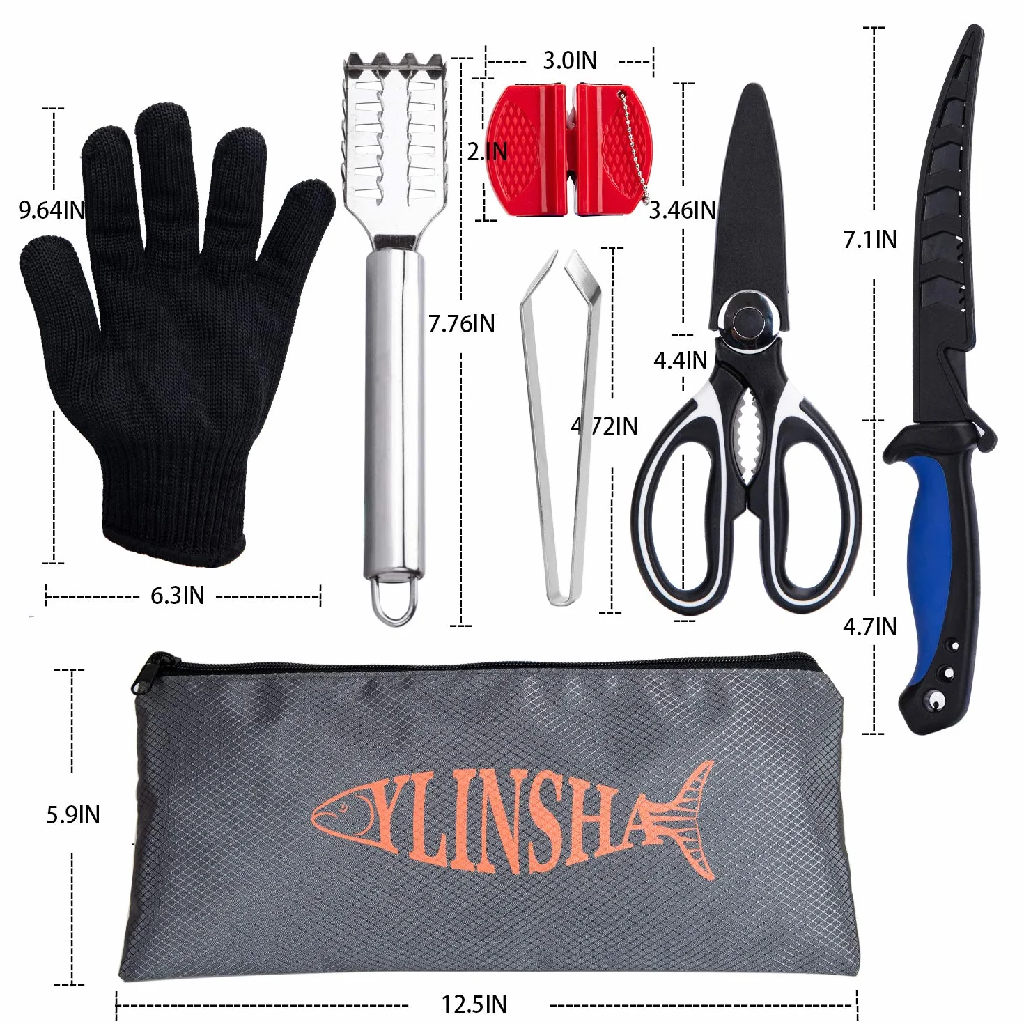 Kit de limpieza de peces, 7 cuchillos de pesca recubiertos, cepillo de limpieza de escamas, tijeras multifuncionales, guantes anticorte, pinzas