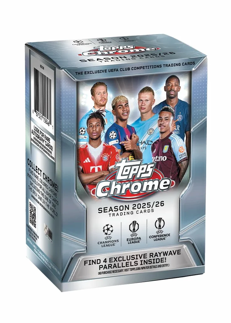 Topps Chrome UEFA Club Competitions 2025-26 Caja de valor 7 paquetes 4 tarjetas