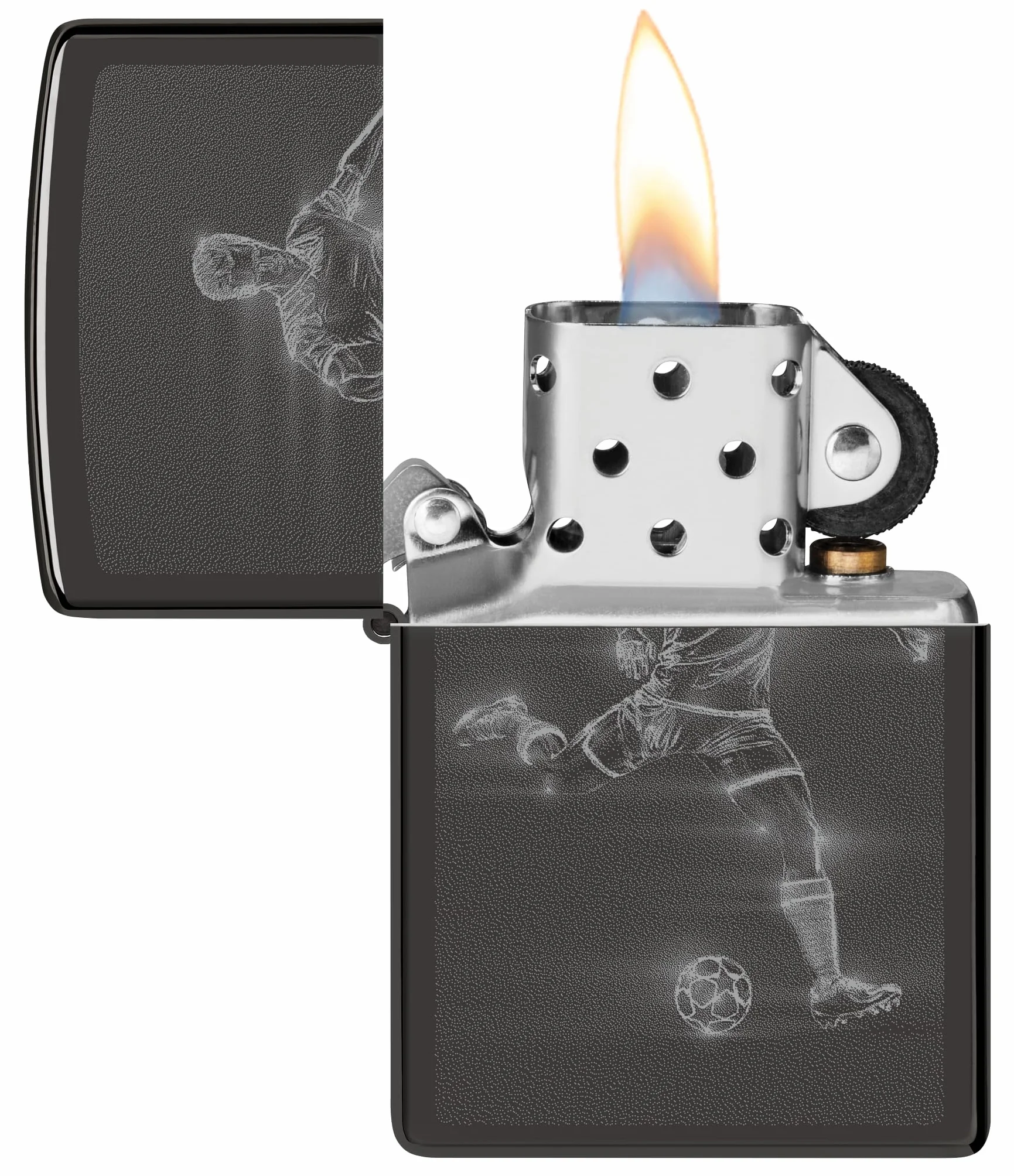Zippo Encendedor a Prueba de Viento Recargable Reutilizable - Negro Alto Brillo - Diseño de Futbolista - Caja Regalo - Hecho en EE.UU.
