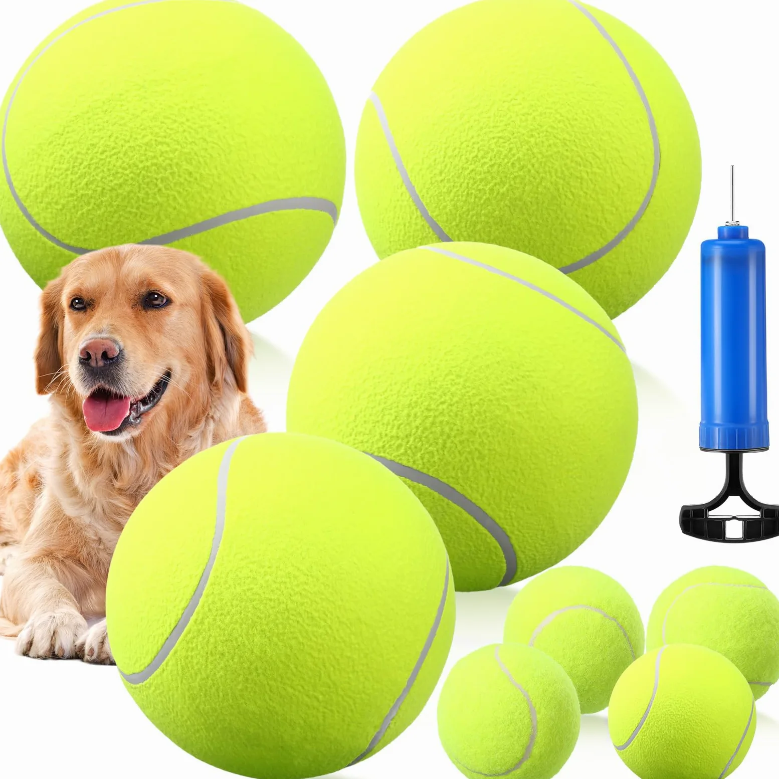 Blueweenly Paquete de 4 pelotas de tenis inflables grandes de 9.5 pulgadas para perros con 4 pelotas de tenis chirriantes de 2.5 pulgadas, pelota interactiva para lanzar y buscar pelota para perros