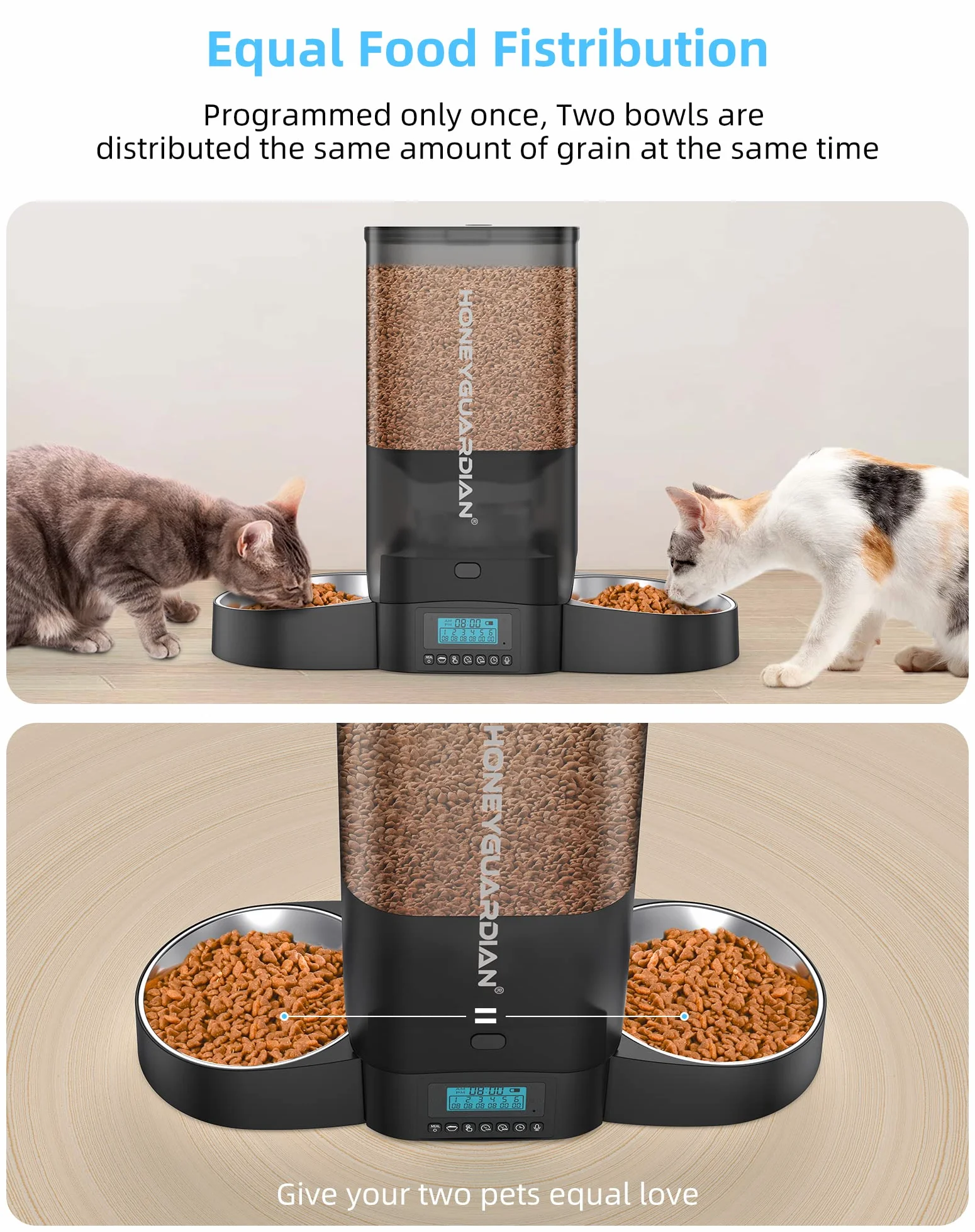 HoneyGuaridan Comedero Gato Automatico Doble, Dispensar Uniformemente, 5L Dispensador Comida Gatos y Perros con Grabación 10s en Diseño Sellado - hasta 6 Comidas al Día (Cuencos de Acero Inoxidable)