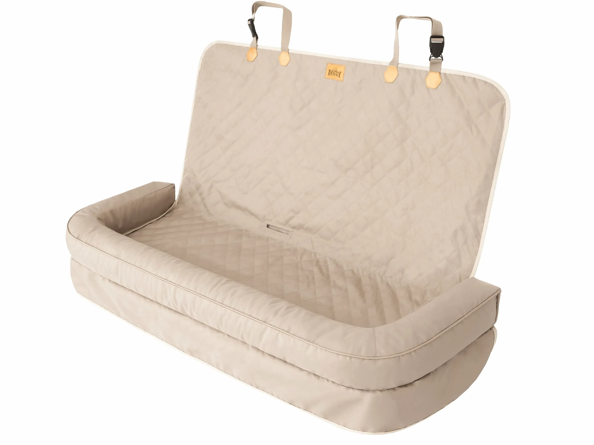 Asiento de coche para perros, cama para perros, transportín para asiento trasero, cesta para perros, cama para gatos y perros pequeños, 135 x 45 cm, negro, beis Oxford