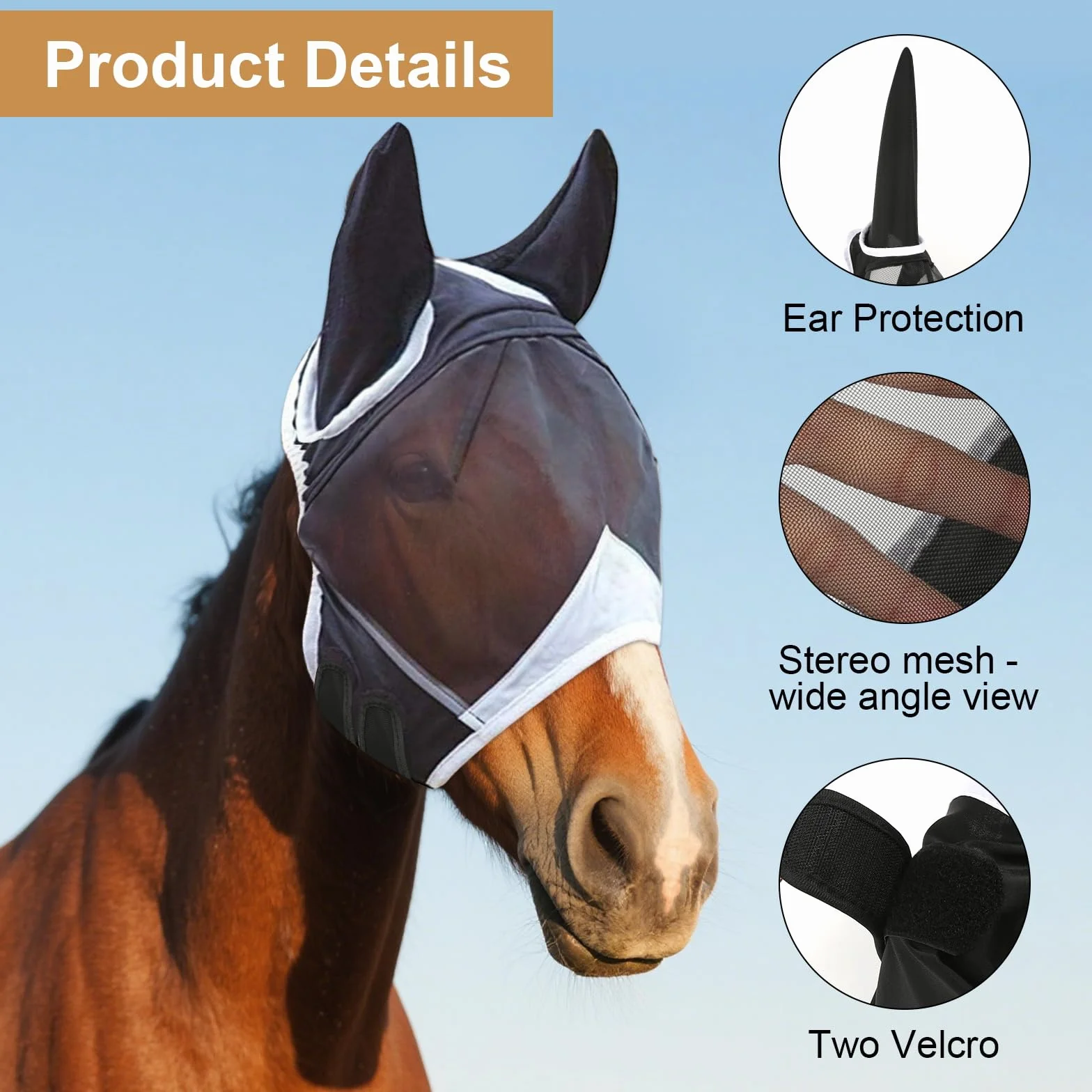 Máscara de mosca para caballo con protección UV, orejas de mosca, respirabilidad
