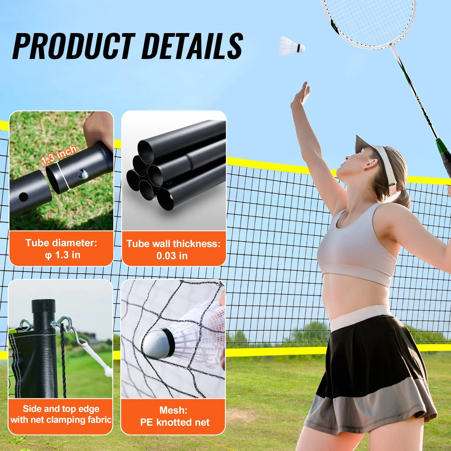 VEVOR Juego de Red de Bádminton Portátil con Postes, Bolsa, 4 Taquetas y 3 Volantes