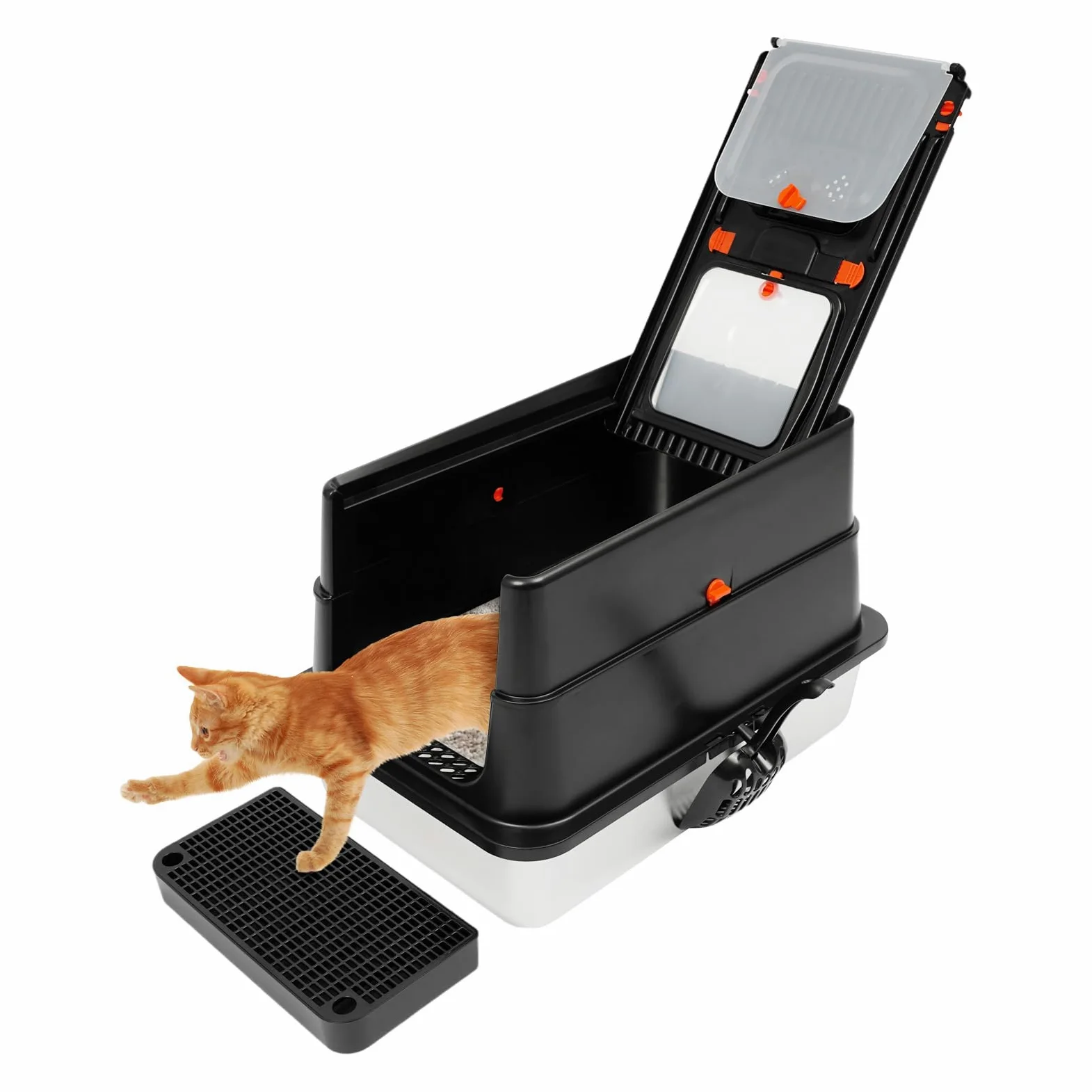 Caja de arena cerrada de acero inoxidable con tapa, caja de arena para gatos con pala, pedal de basura y almohadillas de agarre con apertura en forma de U, adecuado para gatos de hasta 15 kg (negro)