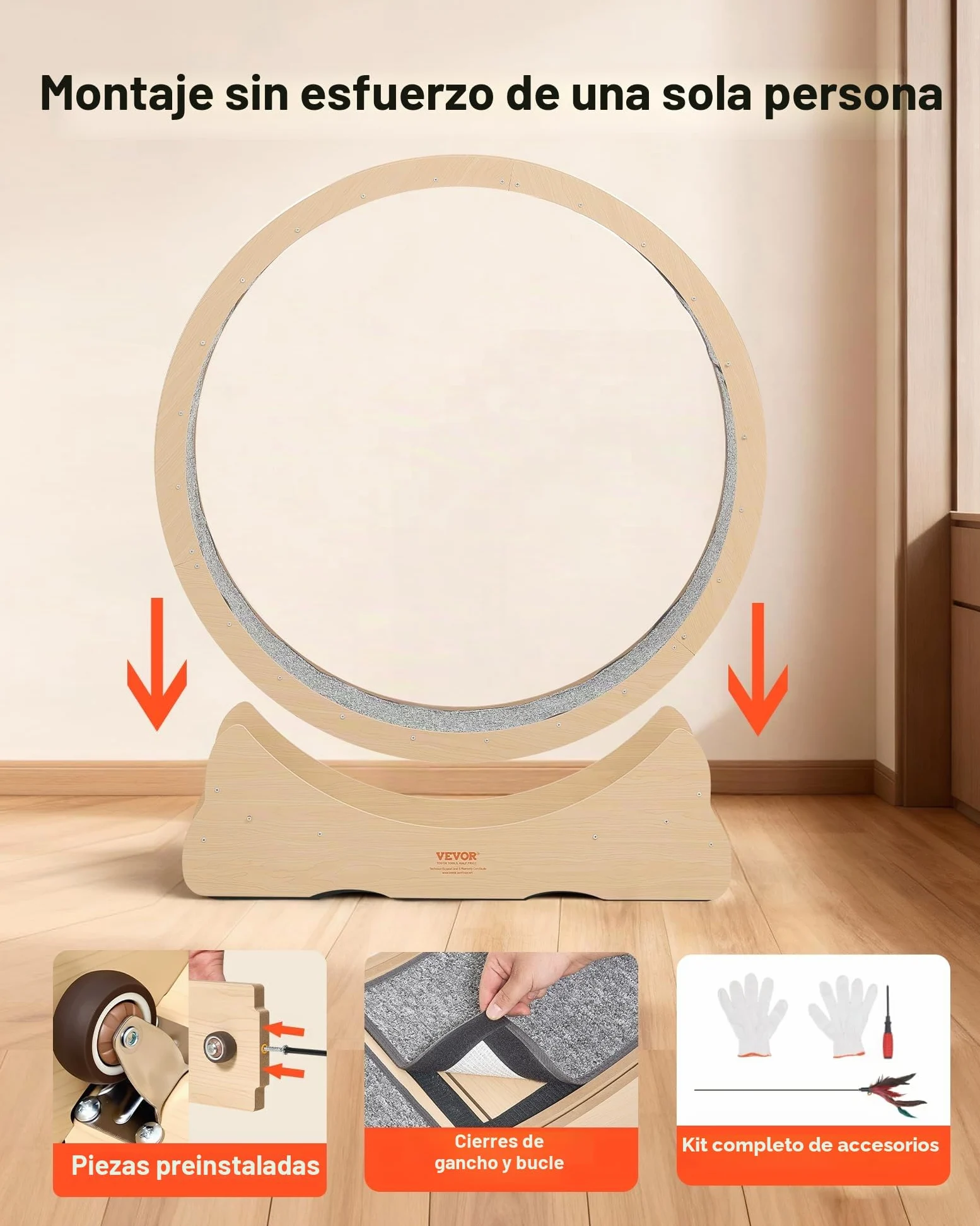 VEVOR Rueda de Ejercicio para Gatos, Diámetro Interior de 1080 mm, para Gatos de 8,6 a 12,7 kg, con Superficie de Alfombra y Mecanismo de Bloqueo, Ruedas Silenciosas de TPE, 1200 x 340 x 1275 mm