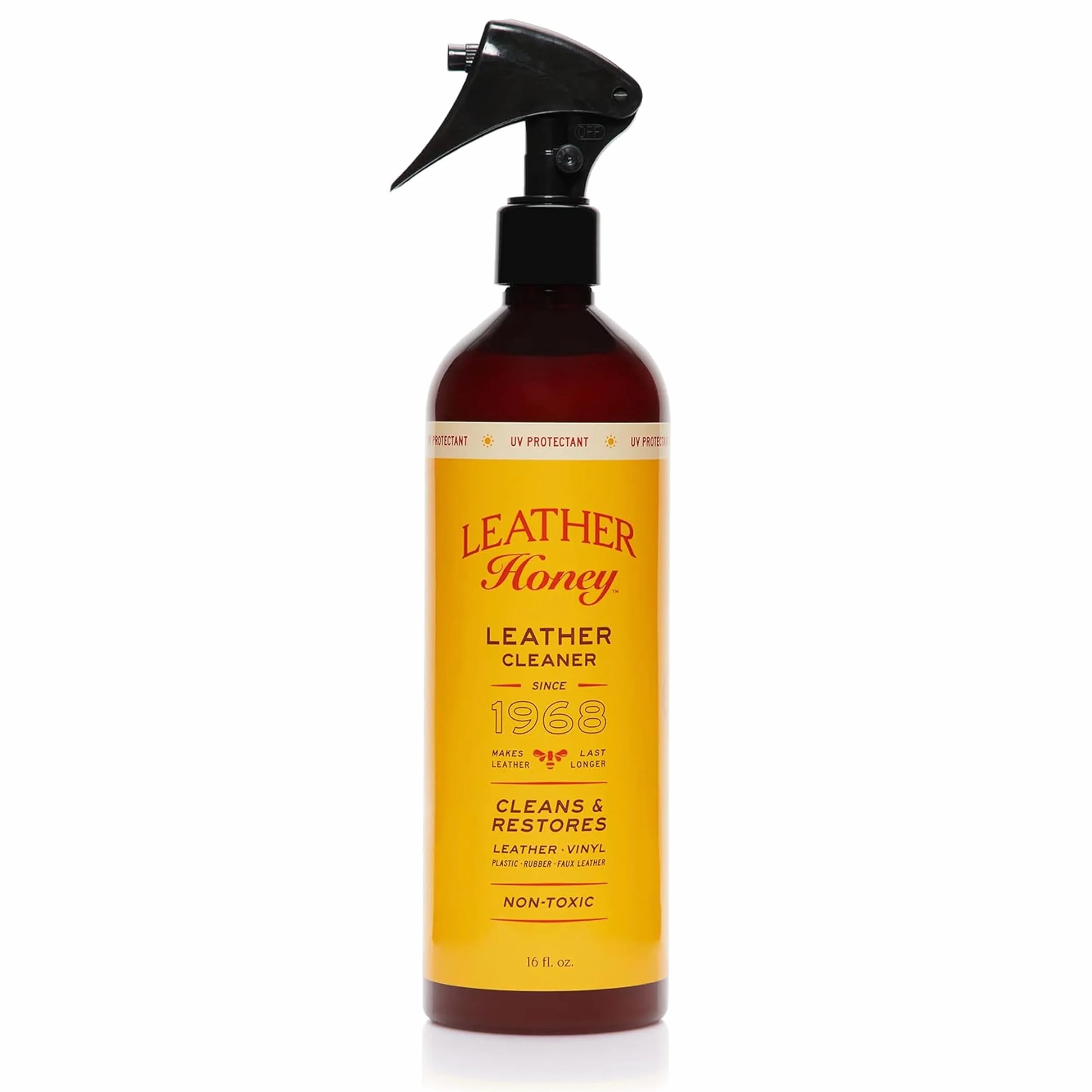 Spray limpiador Leather Honey: protector UV, no tóxico y fabricado en EE. UU. desde 1968. Limpia y protege cuero, imitación y vinilos, coches, bolsos, zapatos, etc. Seguro para cualquier color.