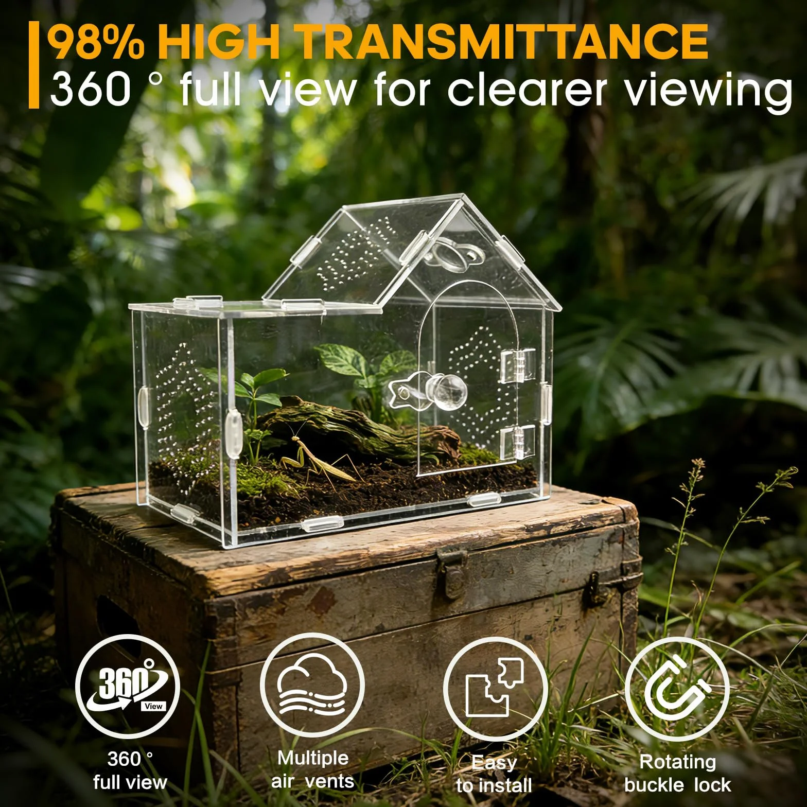 Caja de acrílico con cerradura magnética, caja de terrario transparente ventilada para tarántulas, gecos, mantis, cangrejos ermitaños, caracoles y otras mascotas pequeñas (7.9 x 4 x 6
