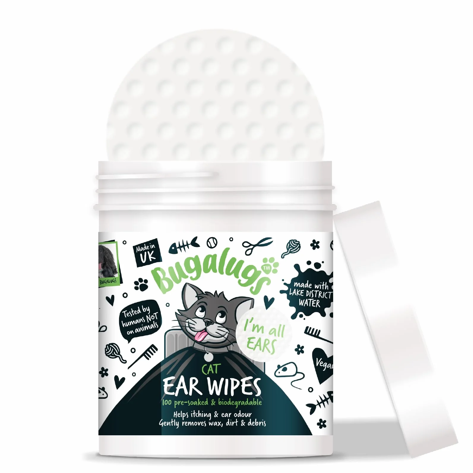 BUGALUGS - Toallitas Calmantes para Limpieza de Oídos de Gatos - 100 Unidades - Aloe Vera & Hamamelis - Control de Cera - Higiene Auricular - Alivio de Picor - Uso Diario - Fórmula Natural y Suave