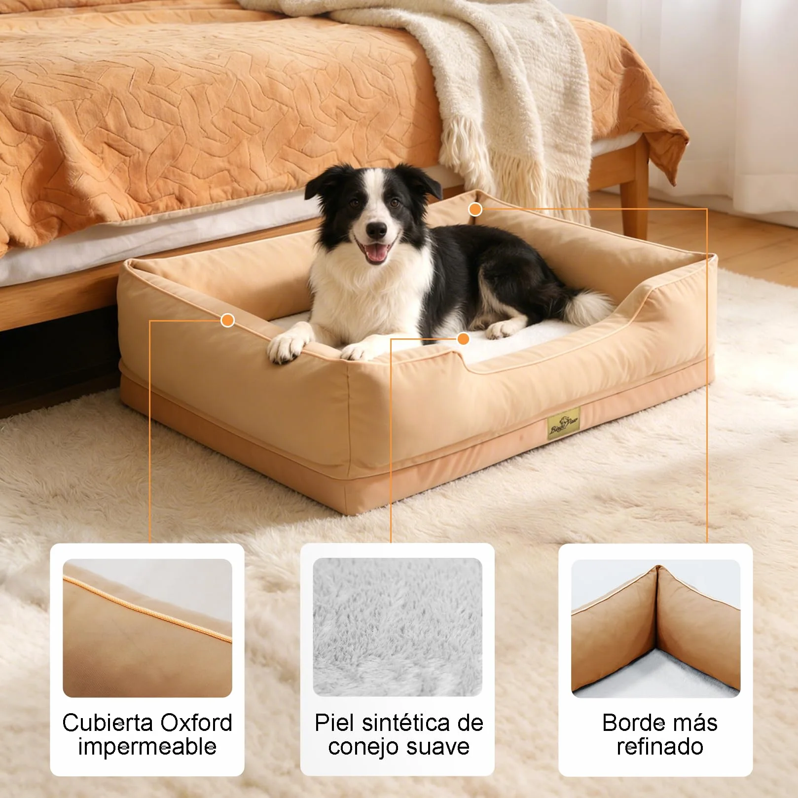 BingoPaw Cama Perro Ortopédica Extra Grande 105x75x21cm, Sofá Perro con Funda Desenfundable y Lavable, Colchon Perro con Superficie Impermeable y Fondo Antideslizante, Beige, XL
